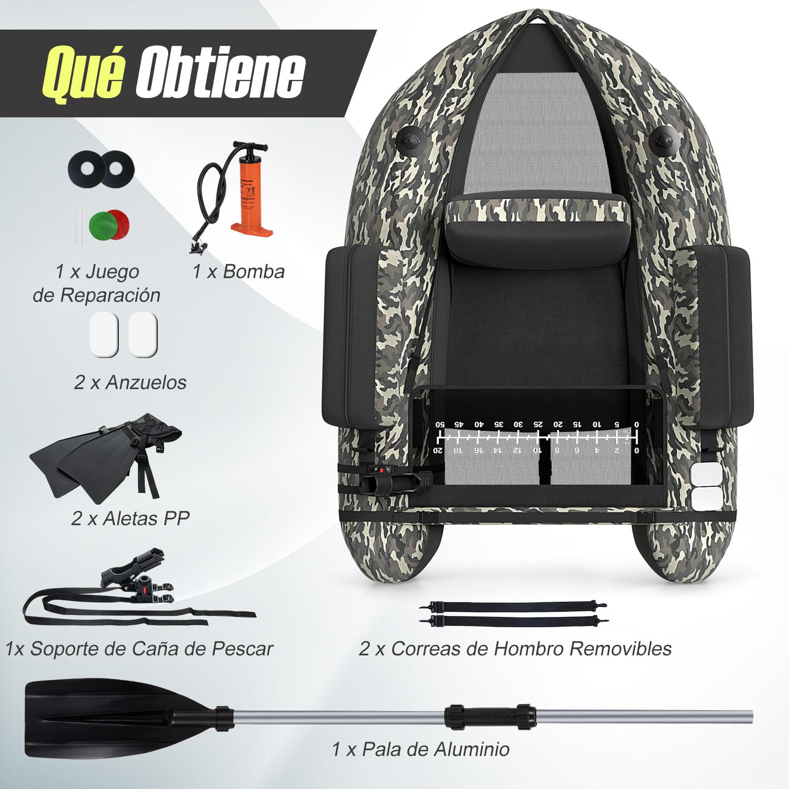 GOPLUS Barca Hinchable para Pesca, Barco Inflable con Portacaña, Remo de Aluminio, Bomba sin Motor,Respaldo Ajustable， Bote Hinchable para Adults, Carga 150 kg