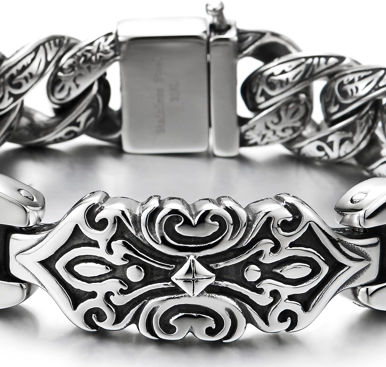 COOLSTEELANDBEYOND Mens Retro Style Steel Tribal Tattoo ID Identification Curb Chain Bracelet with Spring Clasp - Image 2