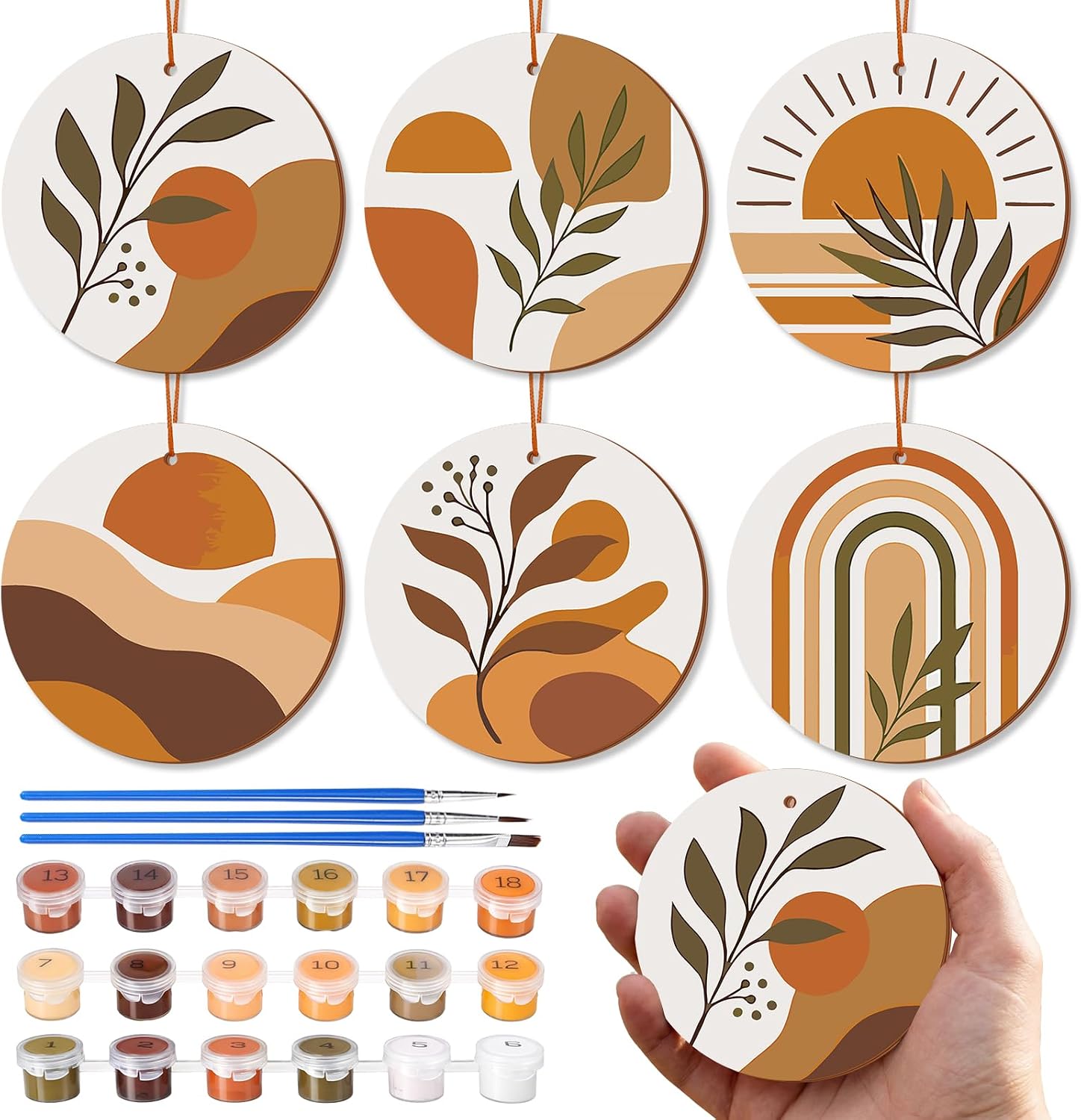 6 Pcs Boho Paint by Numbers Kit Wooden Framed Mini Paint by Numbers for Adults 5.9'' Hanging Canvas Acrylic Round Oil Painting Art Small DIY Craft for Home Wall Decor, Stress Relief, Birthday Gift