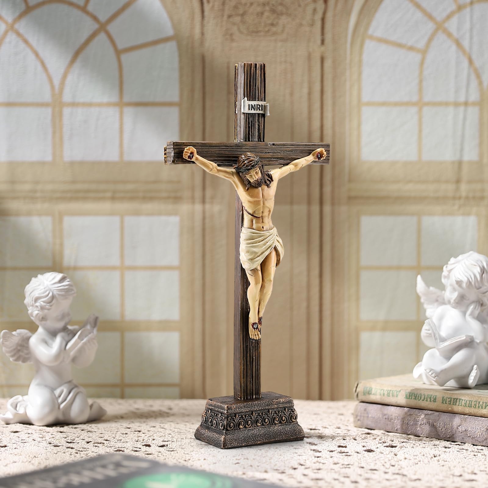Magicsculp 10.8" H Jesus Crucifix Statue - Resin Standing Wall Cross Decoration, Praying Religious Figurine Jesus Christ Catholic Display, Hanging or Tabletop with Stand for Home Decor