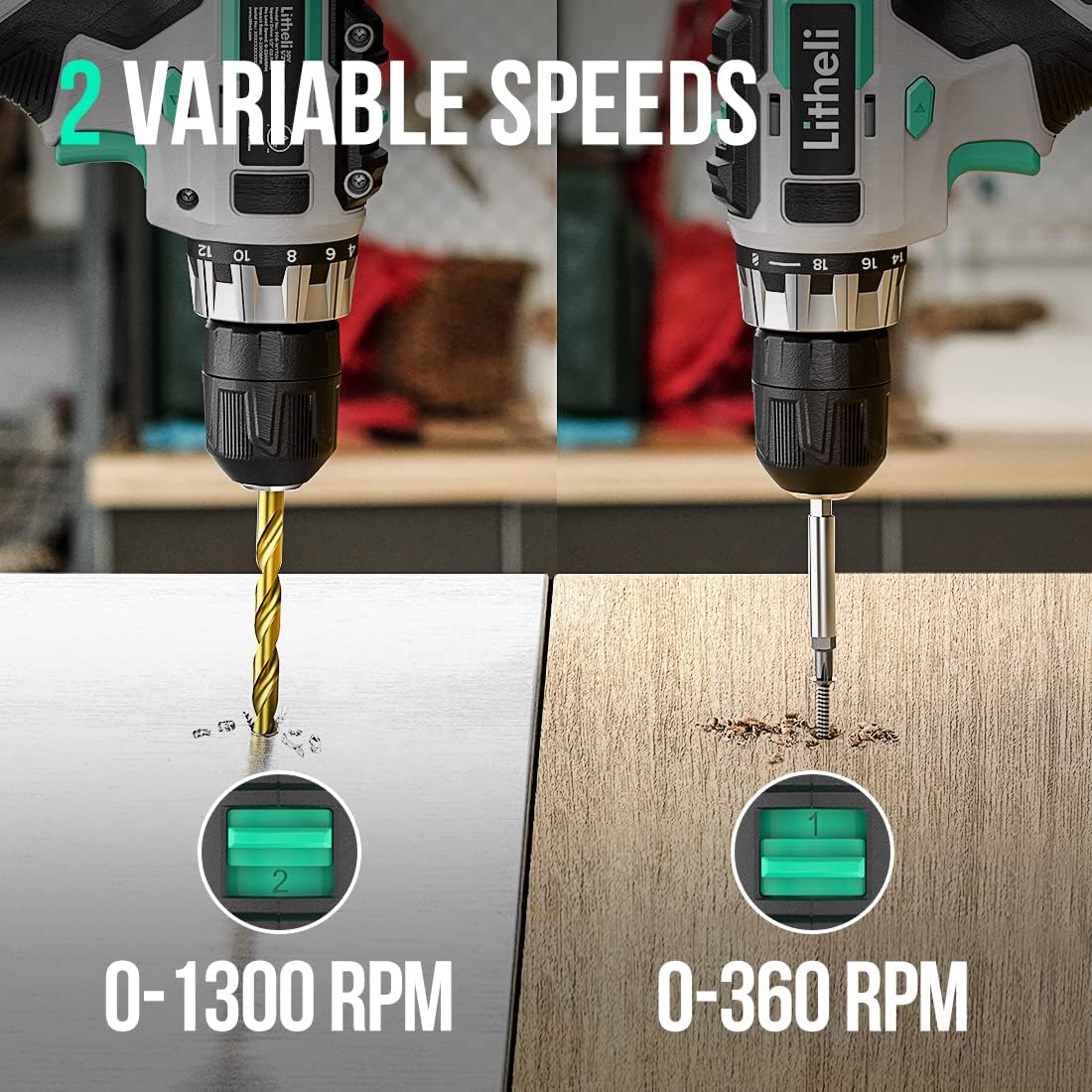 Litheli Cordless Drill Set, 20V Max Power Drill, 3/8” Keyless Chuck, 18+1 Torque Settings, Variable Speed, w/ 2.0 Ah Battery and 1 Hour Fast Charger Included