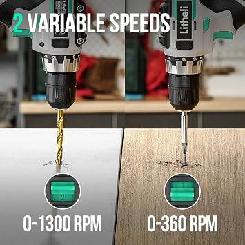 Litheli Cordless Drill Set, 20V Max Power Drill, 3/8 Keyless Chuck, 18+1 Torque Settings, Variable Speed, w/ 2.0 Ah Battery and 1 Hour Fast Charger Included