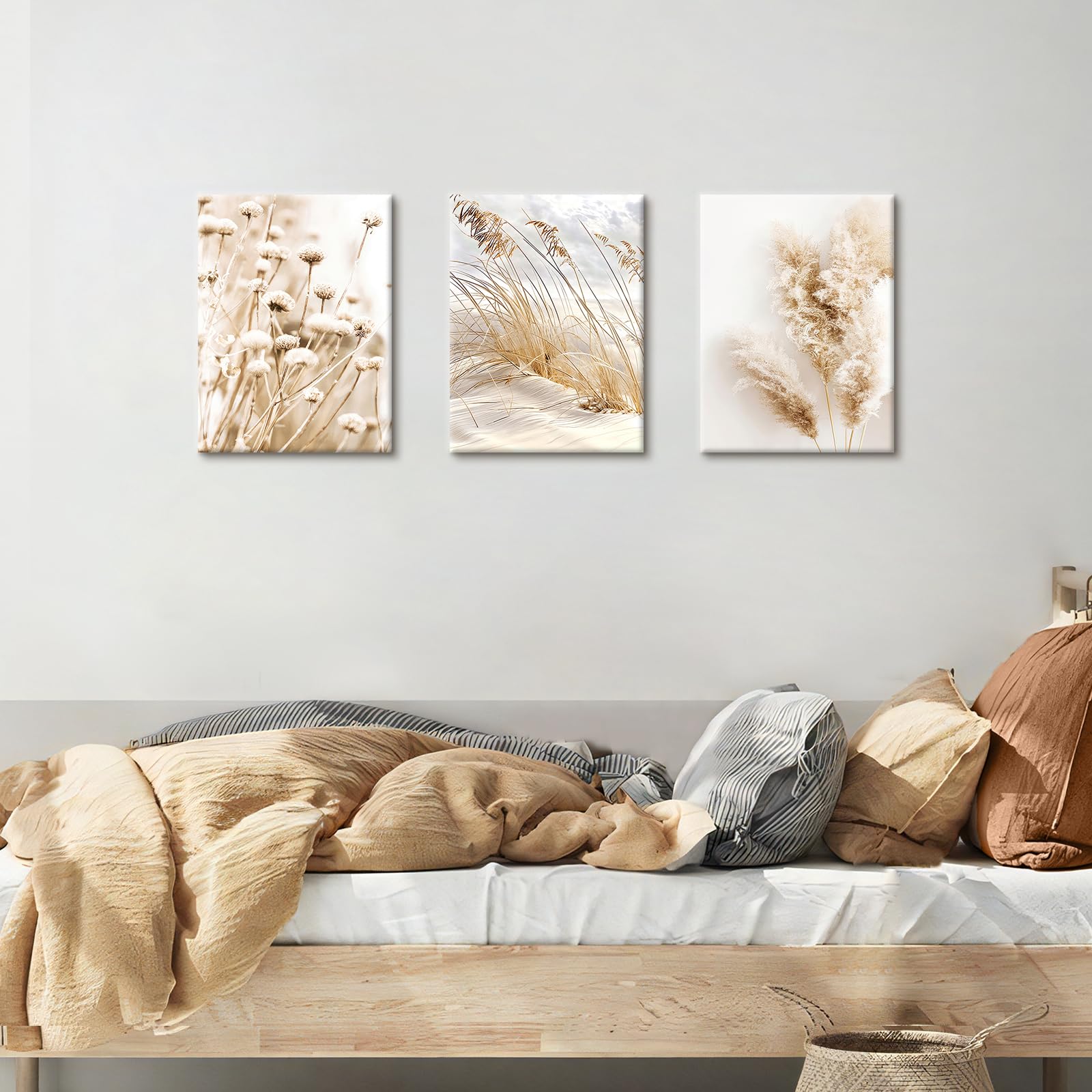 3Pcs Wooden Framed Canvas Wall Art Set Beige Dandelion Pampas Grass Reeds Painting Canvas Prints Coastal Beach Seascape Pictures for Living Room Bedroom Kitchen Hallway Stairs Wall Decor 30x40cm x3pcs — view 3