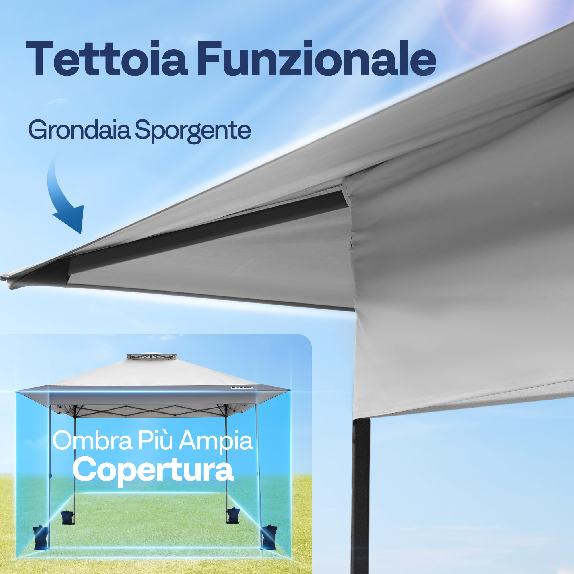 VIVOHOME Baldacchino Pop-up per Esterni, 3,8x3,8m Tetto a 2 Livelli con Borsa da Trasporto a Ruote e 4 Sacchetti di Sabbia Grigio