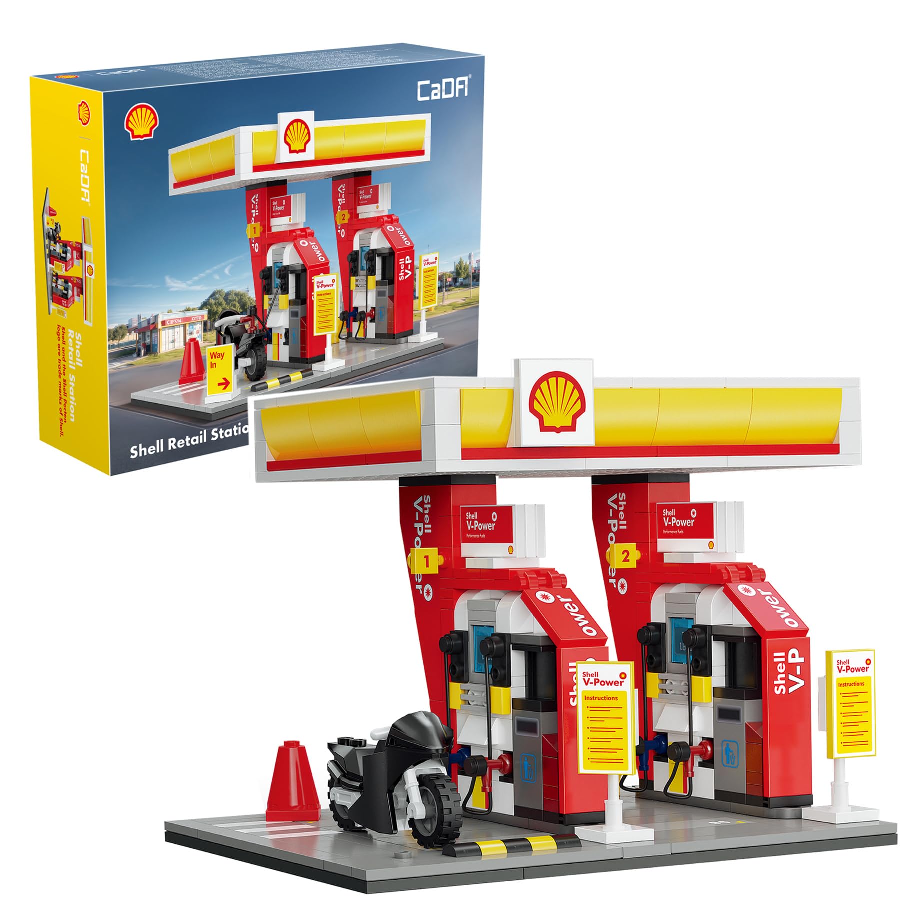 CaDA Shell Fuel Station with Motorbike - 305 Pieces - Self-Build Brick Building Block Model C66028W