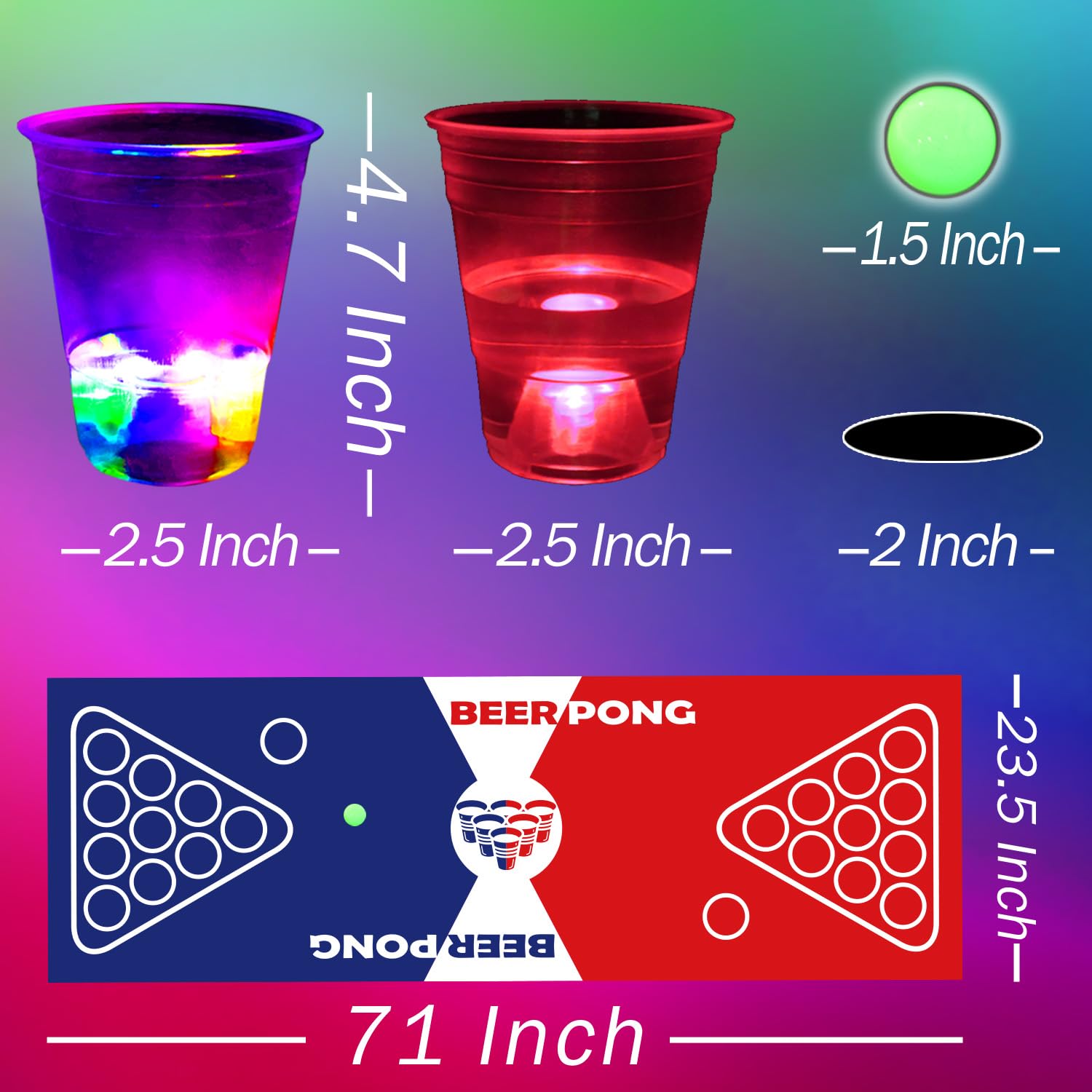 YHFUISK - Juego de alfombrillas de mesa brillantes para fiestas, juegos de pong, para interiores y exteriores, fiestas, eventos, diversión, paquete con tazas intermitentes para fiestas en casa 3