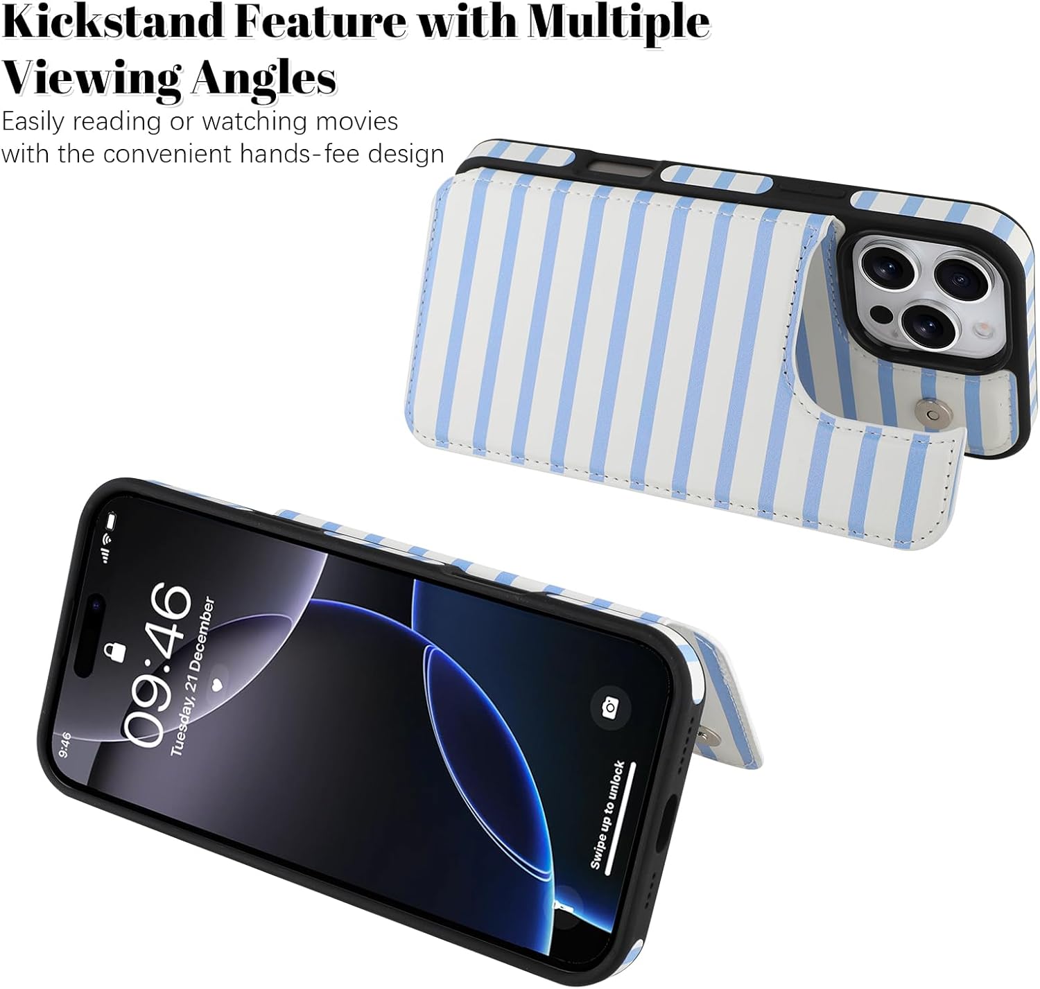 OOK for iPhone 16 Pro Max Case Wallet with Card Holder, Cute Blue Horizontal Stripes Pattern for Women Girls RFID Blocking 3 Card Slots Kickstand Flip Folio Leather Protective Shockproof Phone Case - Image 4