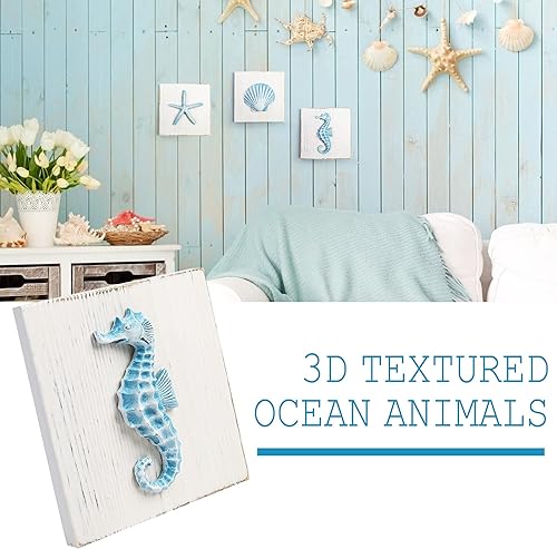 Miniatura 2 de LotFancy Decoración de pared de playa, paquete de 4, decoración 3D de conchas marinas, estrellas de mar, caballito de mar y boya salvavidas en