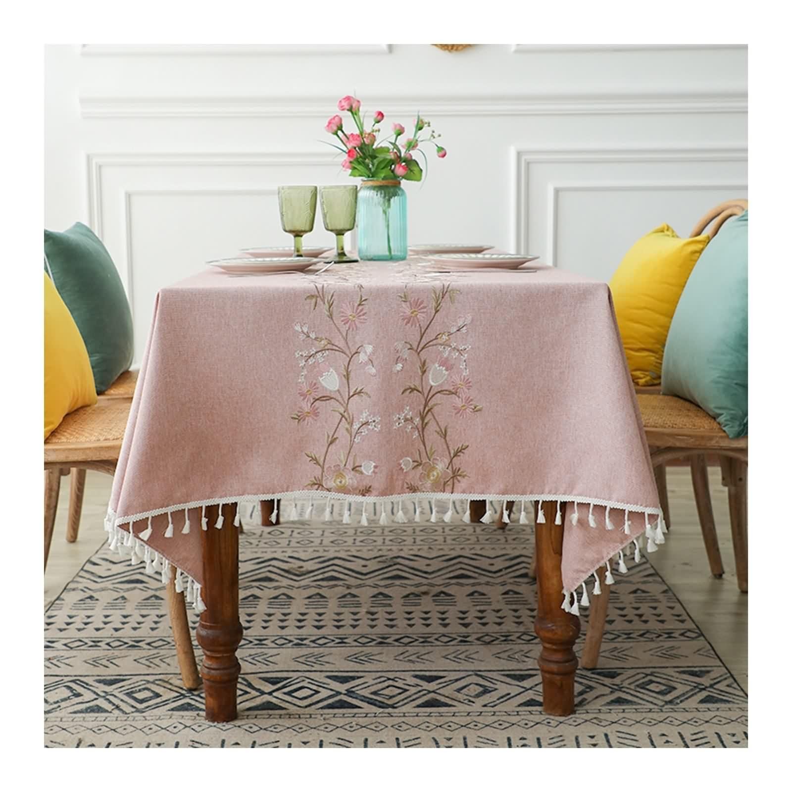 Mantel rectangular de poliéster para mesa de boda, decoración de mesa bordada de flores para sala de estar, 90 x 140 cm