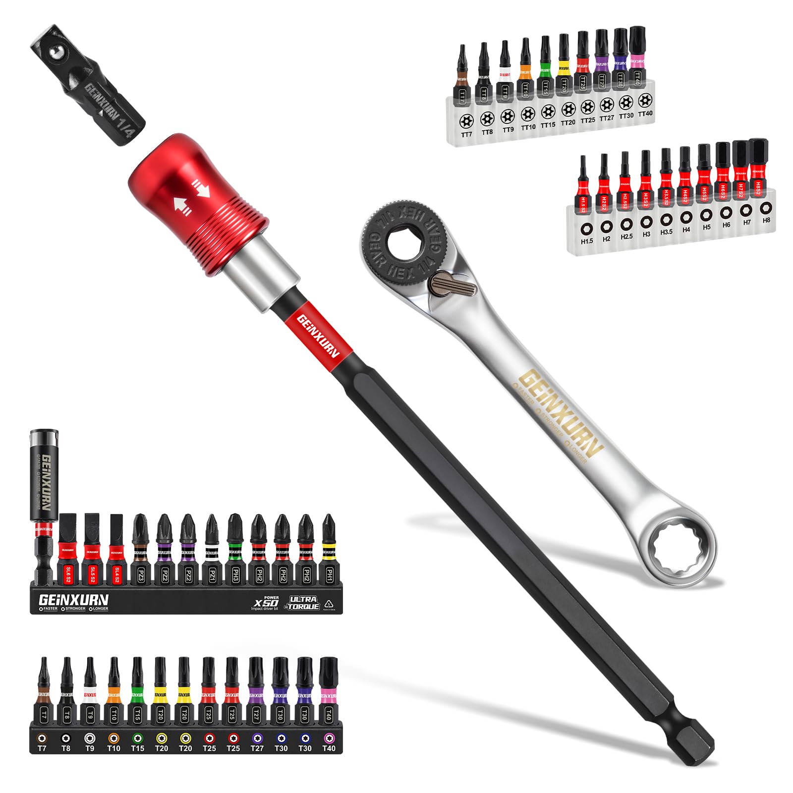 GEINXURN 50Pcs 2-in-1 Dual End Ratchet Wrench Set, 72-Tooth 1/4" Reversible Ratchet with Magnetic Bit Holder, 25 mm Impact Screwdriver Bit (Phillips/Pozi/Torx/Hex) and Socket Adapter for Repair