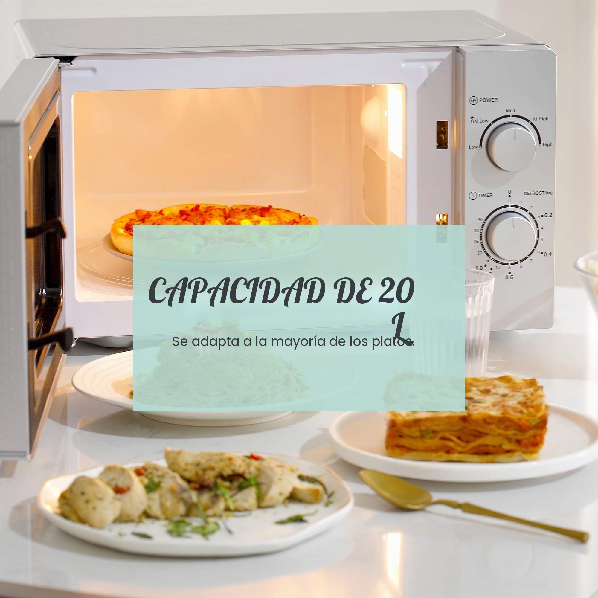 Comfee CMSN 20 si Microondas/Solo Microondas con 5 Niveles de Potencia/Iluminación Interior/Easy Descongelador/Plato giratorio de 360°/Dos Reguladores/20L/700W/Plata