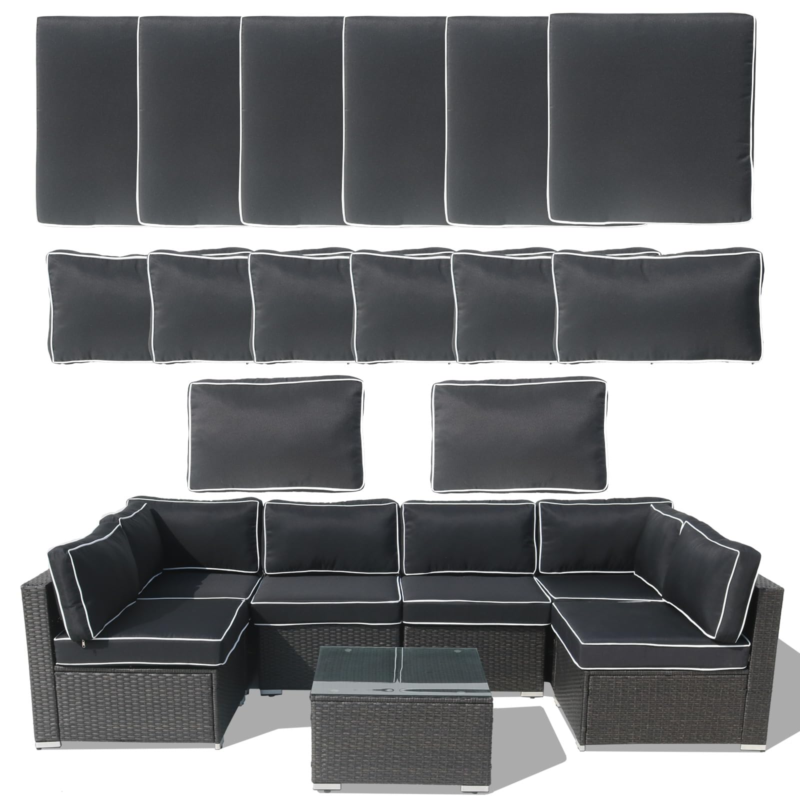 14Piece Outdoor Sofa Cushion Replacement, Patio Furniture Waterproof Cushion with Zippers, fit 6-Seat Outdoor Wicker Rattan Sectional Couch (Black +