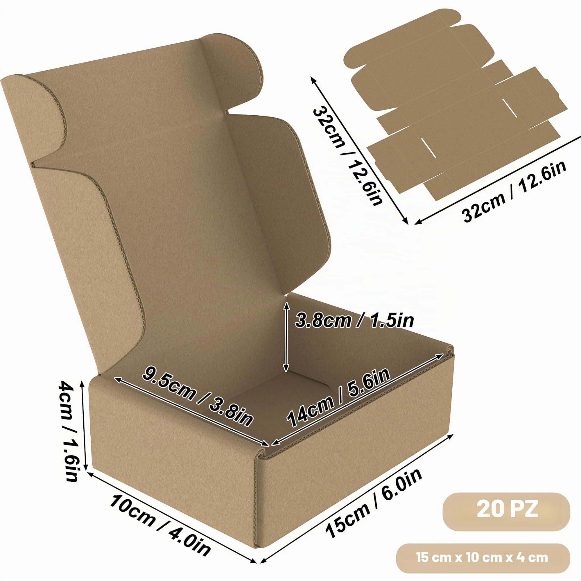 UISEBRT Confezione da 20 scatole pieghevoli in cartone ondulato per spedizioni di merci, confezione regalo, marrone, spedizione di piccole merci, 15 x 10 x 4 cm
