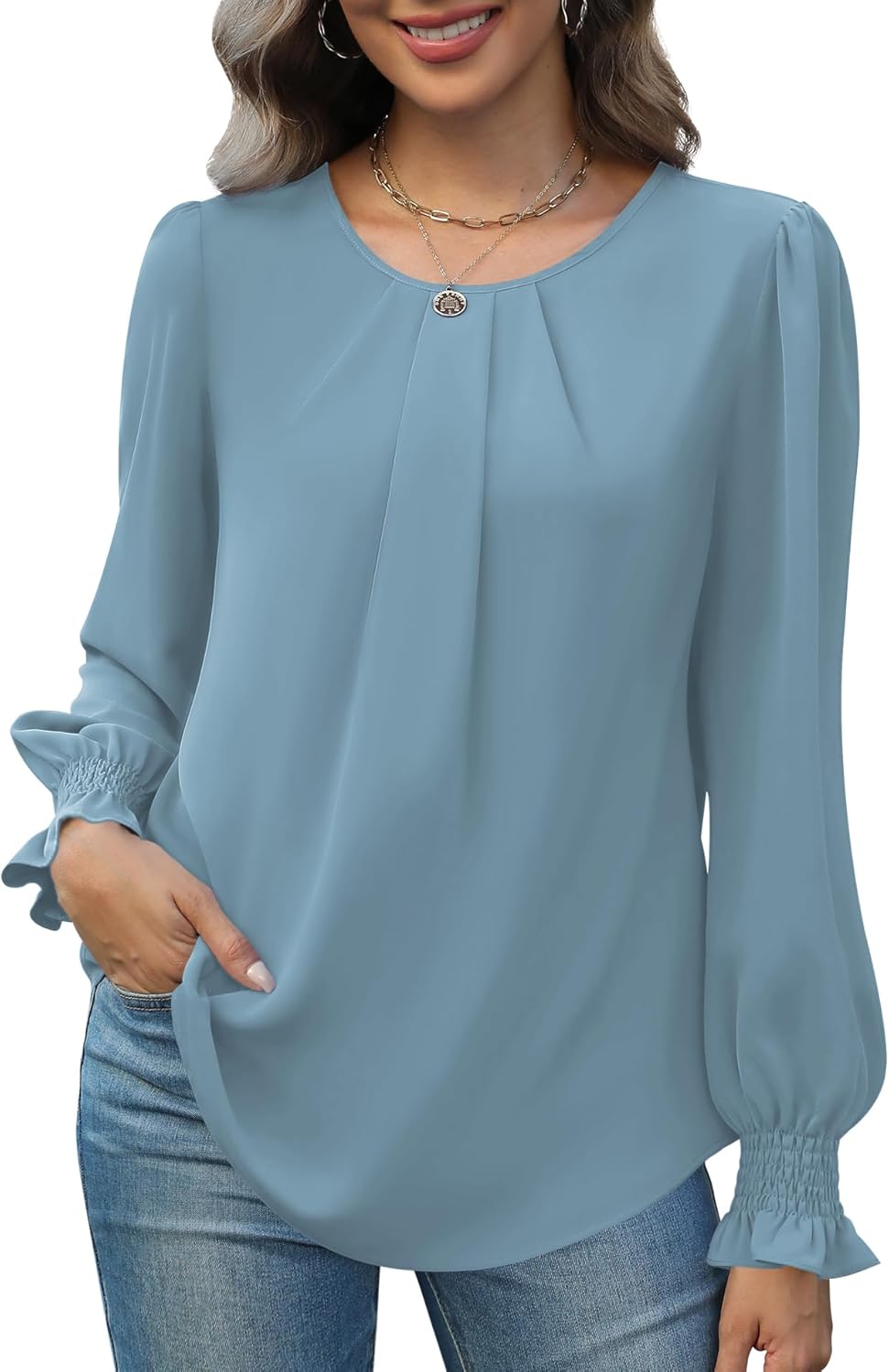 Funlingo Womens Tops Dressy Casual Smocked Long Sleeve Shirts Crew Neck Loose Chiffon Tunics Office Work Blouses