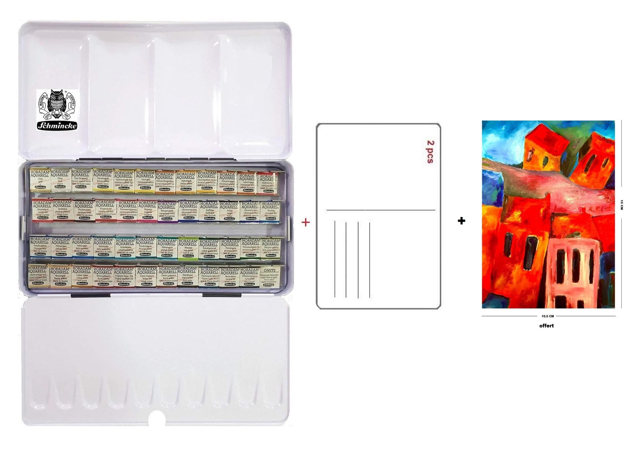 Schmincke Horadam Lot de 48 demi-godets aquarelles dans une boîte en aluminium Sélection générale + 2 cartes postales aquarelles Fabriqué en Allemagne