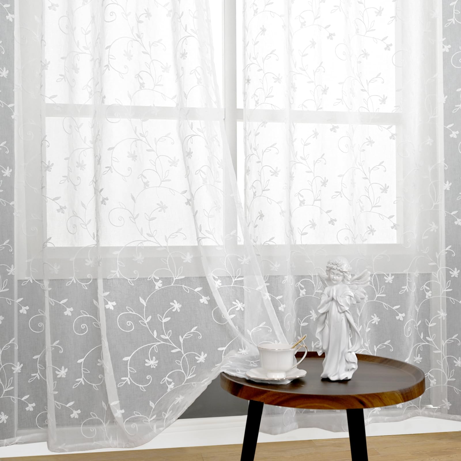 BGment Sheer Curtains 63 inches Length 2 Panels, Grommet Faux Linen Embroidered Flower Pattern Semi Sheer Voile Drapes Light Filtering Privacy Window Treatment for Bedroom, 52 x 63 Inch, White