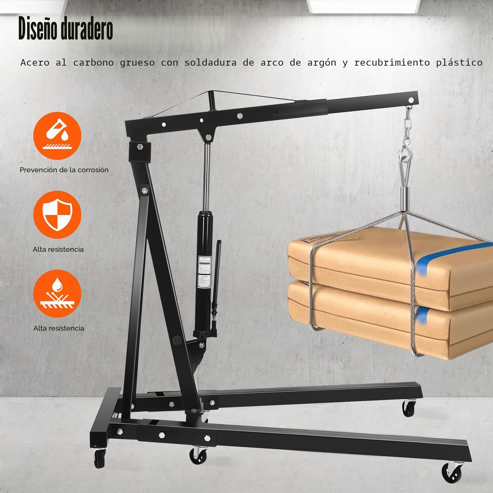 Elevador de motor plegable de 2 toneladas, dispositivo de elevación de grúas, grúa de taller, grúa de motor, grúa plegable, 6 ruedas, color negro