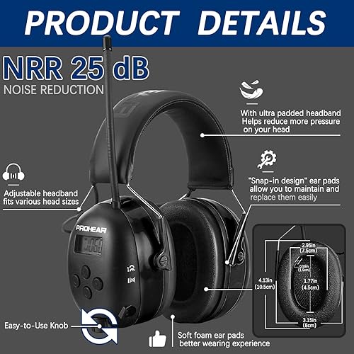 Miniatura 4 de PROHEAR 033 - Auriculares de protección auditiva Bluetooth 5.1 mejorada con radio AM FM, orejeras de seguridad con reducción de ruido con batería