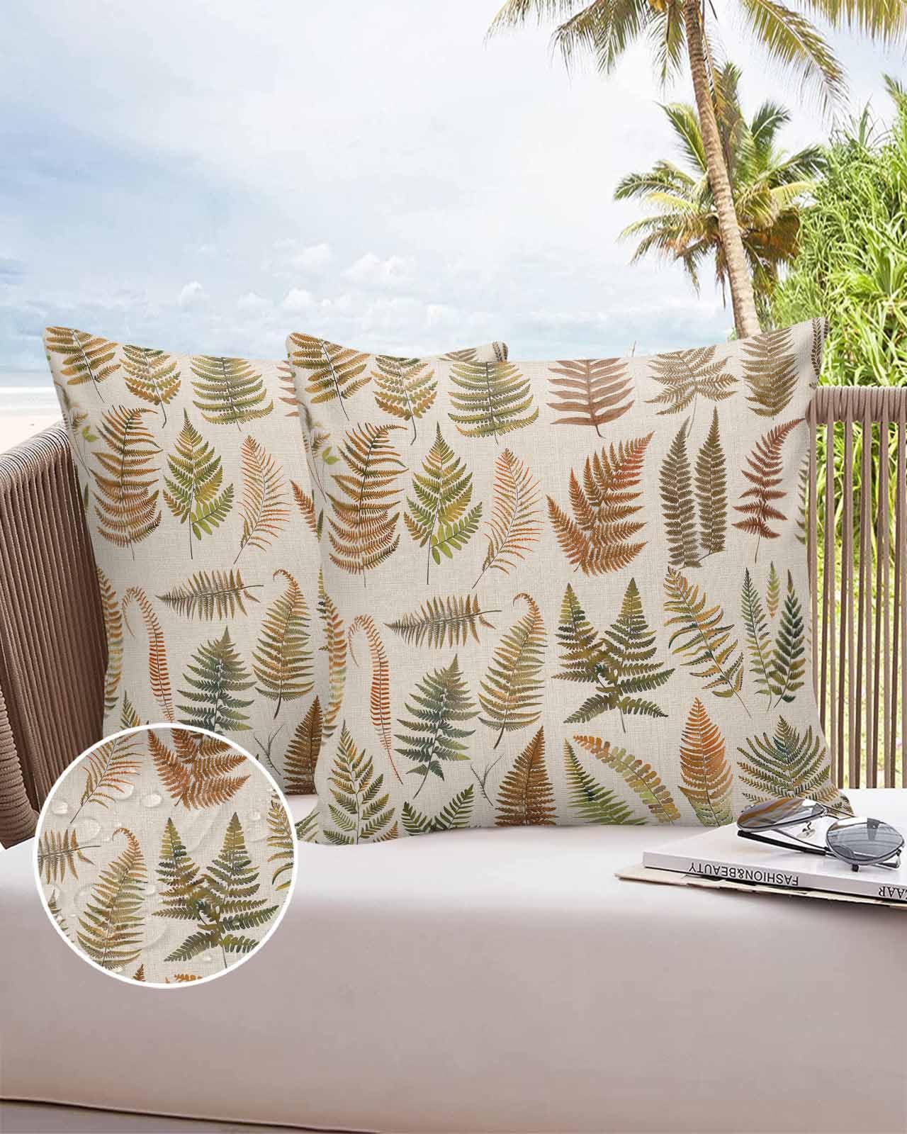 Boanket Outdoor Pillow Covers 24 x 24 Inches, Brown Summer Botanical Waterproof Throw Pillow Cover Set of 2, Tropical Plants Farmhouse Home Decorative Square Cushion Covers for Patio/Tent/Couch/Garden