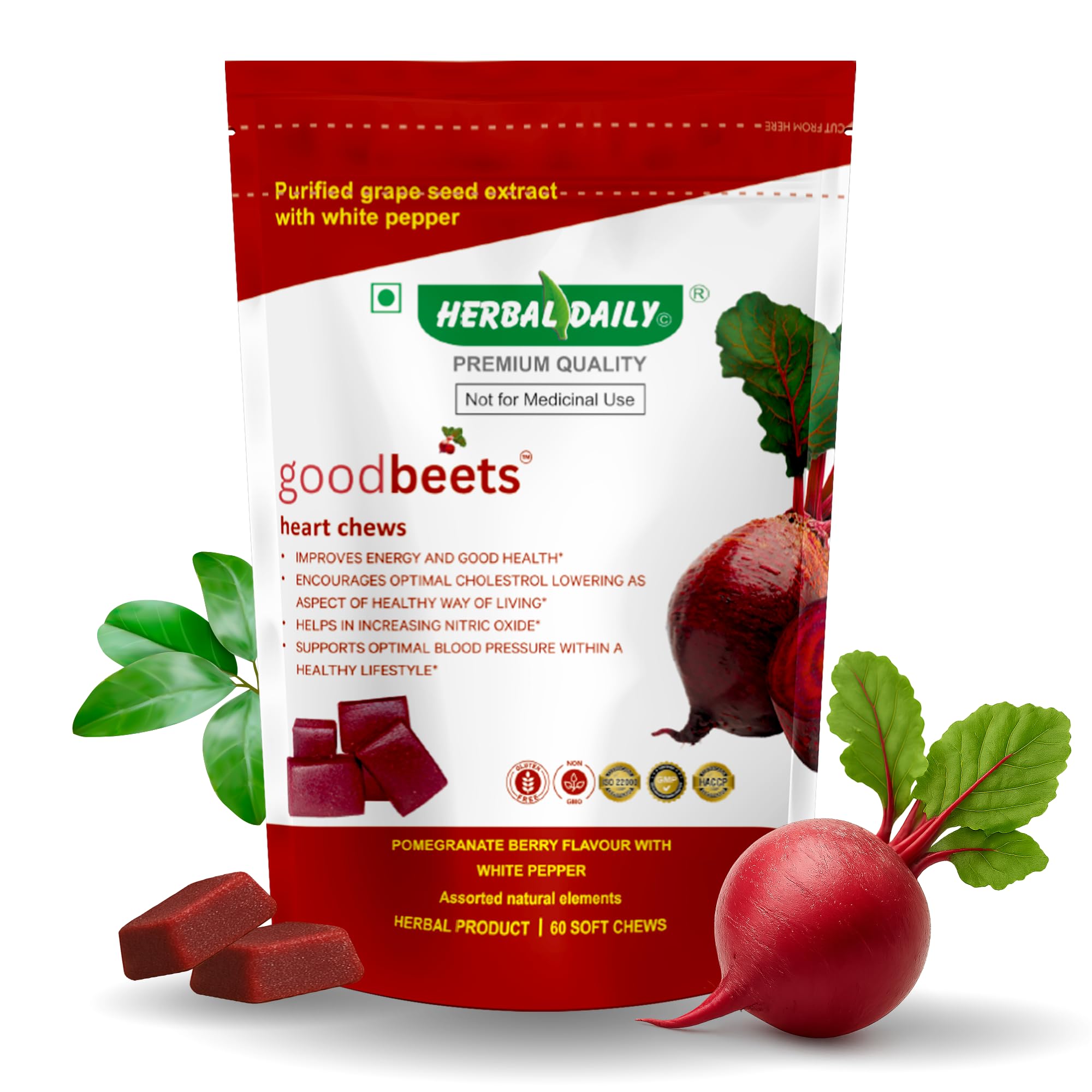 GoodBeets Heart Chews | Nitric Oxide Supplement | Supports Healthy Blood pressure | Grape Seed Extract and Beet Powder White pepper (Pomegranate Berry Flavor with white pepper, 60 Count, 1 Pack)-image-19