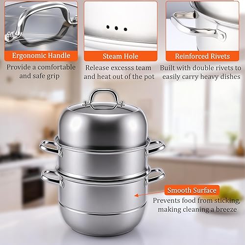 Miniatura 6 de Juego de vaporizador de acero inoxidable de 3 niveles Lake Tian con tapa de vidrio, funciona con gas, estufa de parrilla, apto para lavavajillas