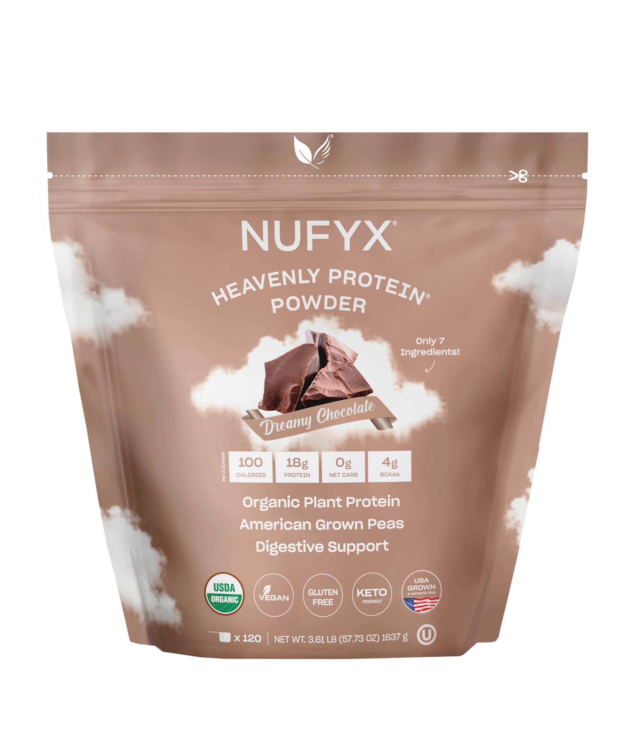 NUFYX Proteína vegetal de ervilha orgânica sabor Dreamy Chocolate, 120 porções