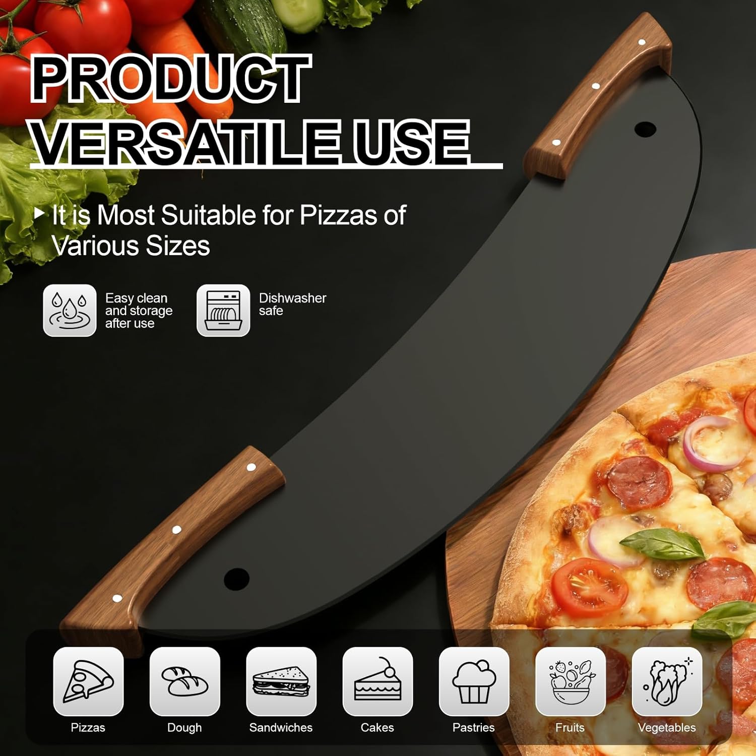 20-Inch Pizza Rocker Blade Cutter, Stainless Steel with Double Wooden Handles, Professional Pizza Slicer，Black