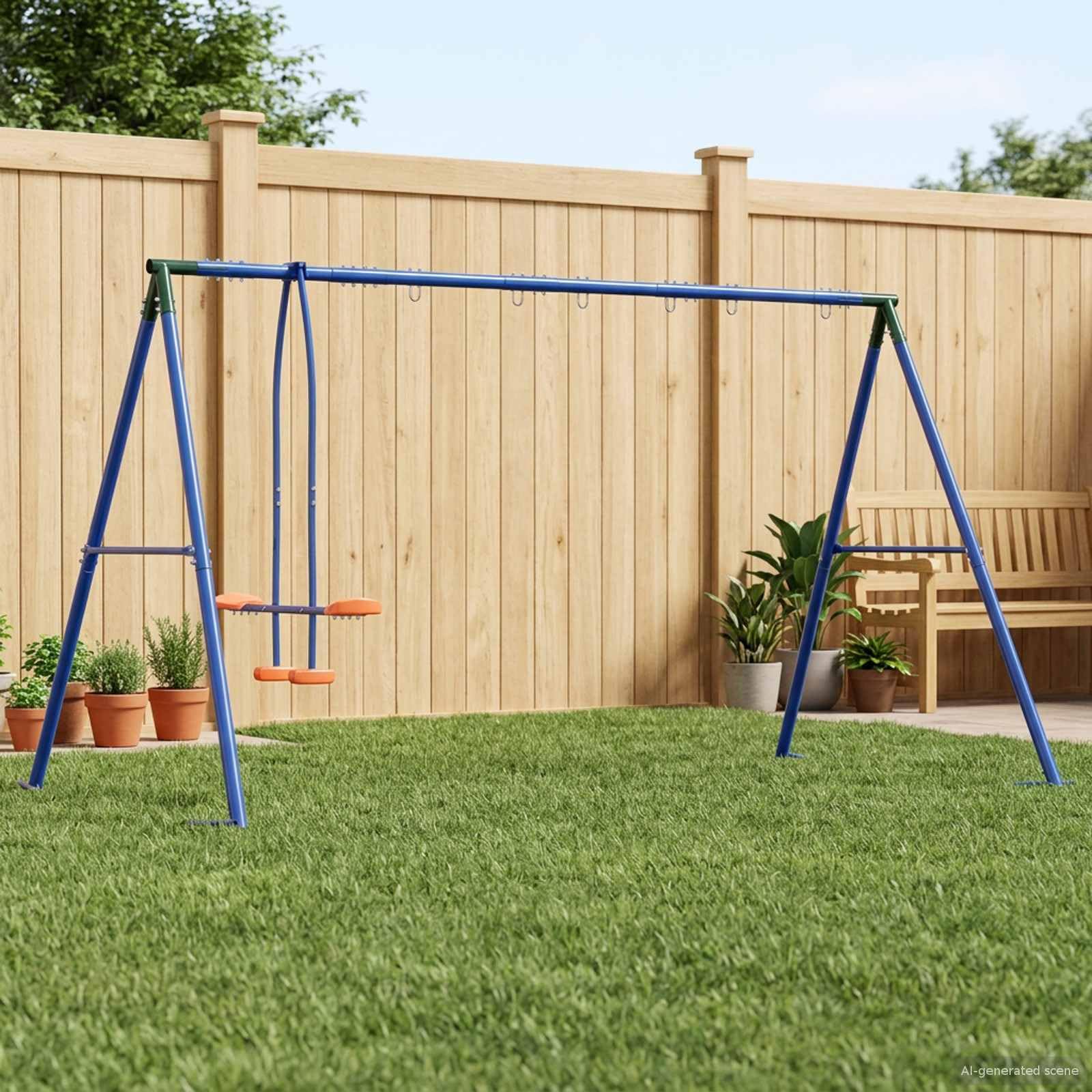 vidaXL Blau, Grün, Orange Stahl und PE, Moderner, wetterfester Spielplatz für den Garten, robuste Stahlrahmen, Schaukeln für Kinder