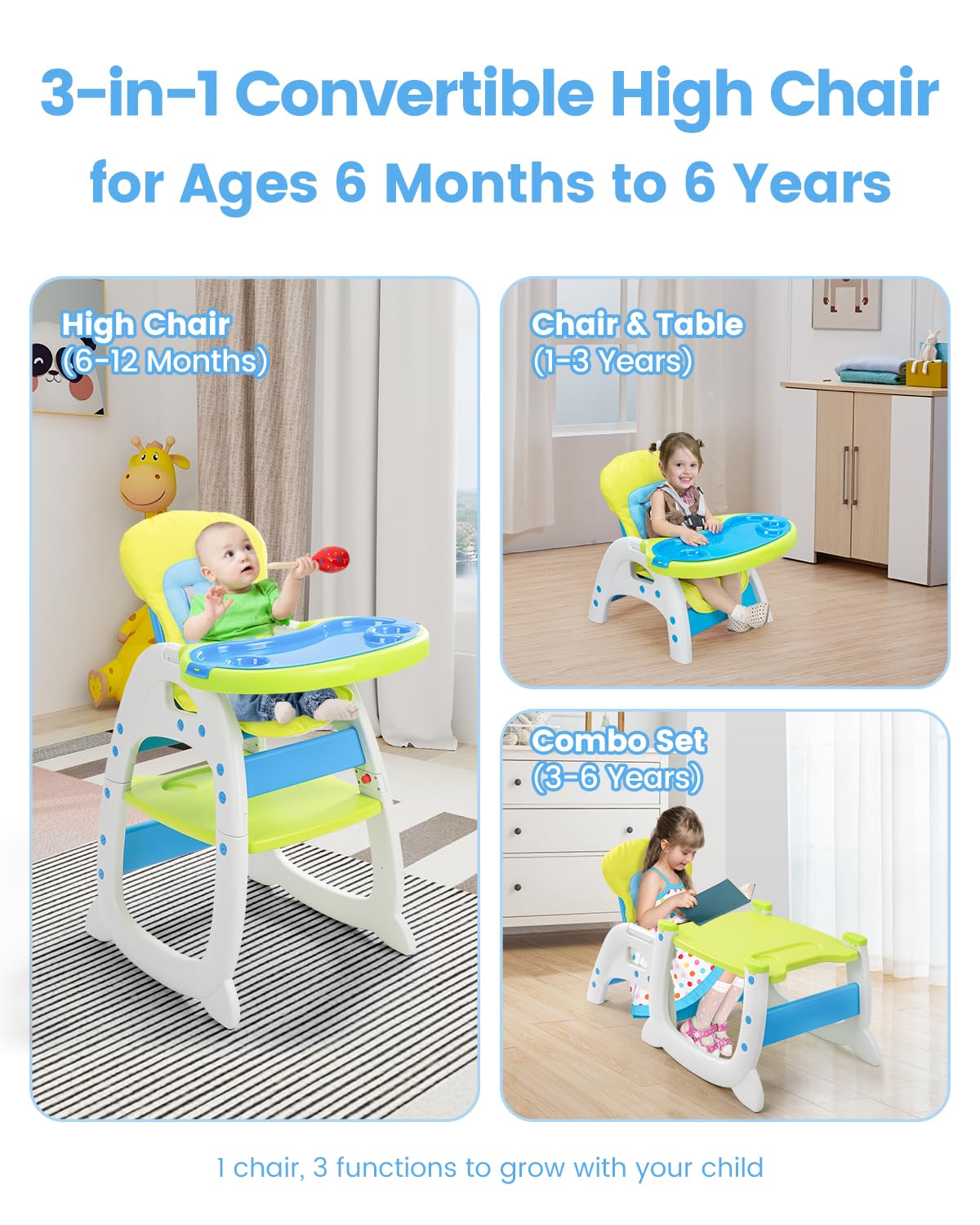 SANDINRAYLI Baby High Chair,3 in 1 High Chairs for Babies and Toddlers, Convertible Toddler Highchair, Adjustable Infant Feeding Chair for Boy & Girl, Easy Clean Baby Eating Chair for 6 Months and Up