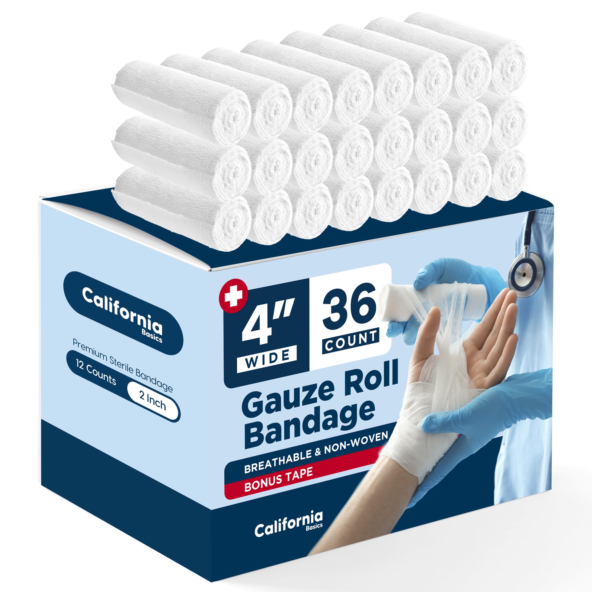 California Basics 24-Pack Gauze Bandage Roll with Tape, 4 Inches x 4 Yards - Soft, Stretchable & Breathable Wrap for Wound Care, First Aid & Medical Supplies - White — Amazon image 14