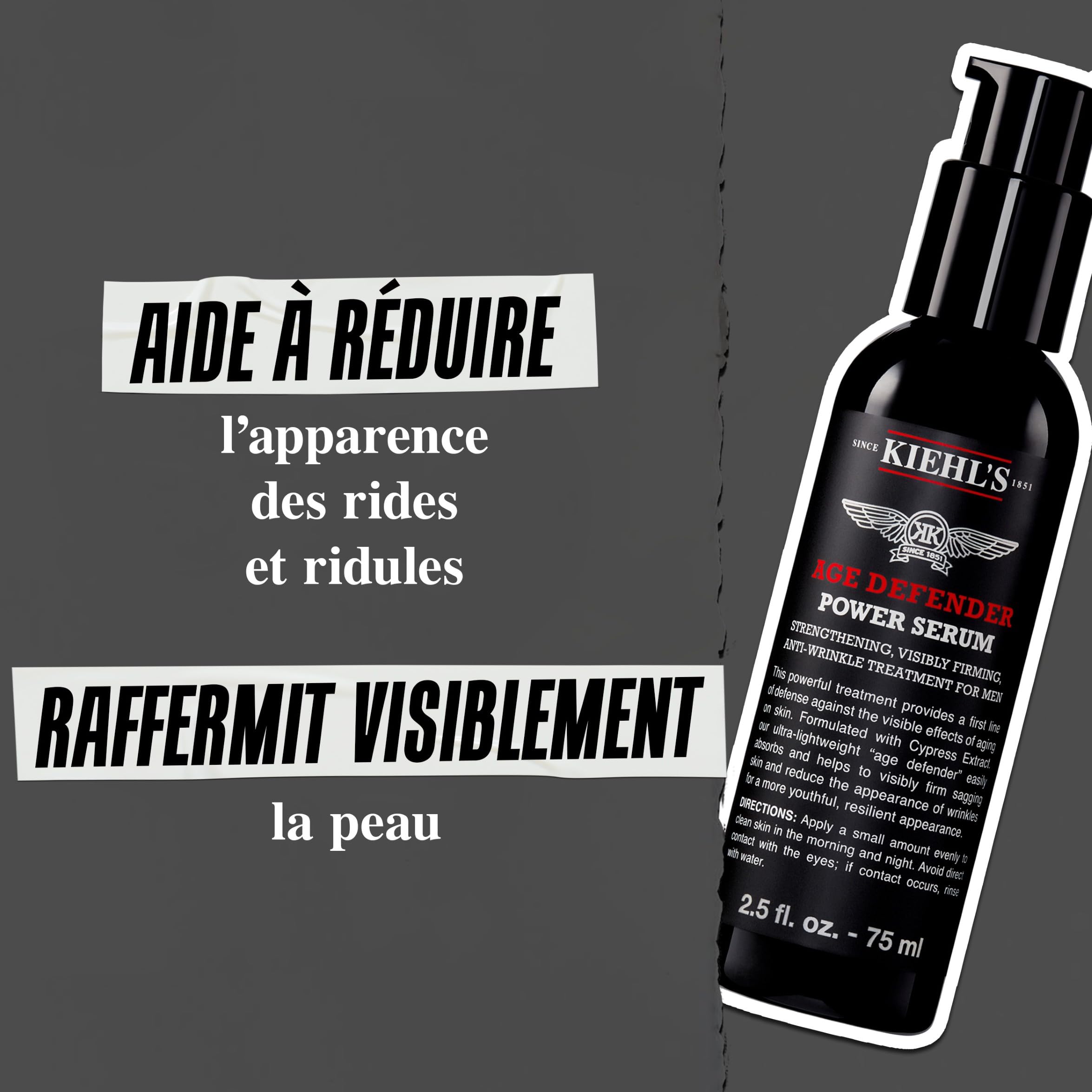 Kiehl's Sérum Age Defender Anti-âge, Homme, anti-rides, peau lisse | Restaure fermeté peau, Comble rides et ridules, Formule ultra-légère, absorption rapide, Parfum frais, Cyprès Adénosine