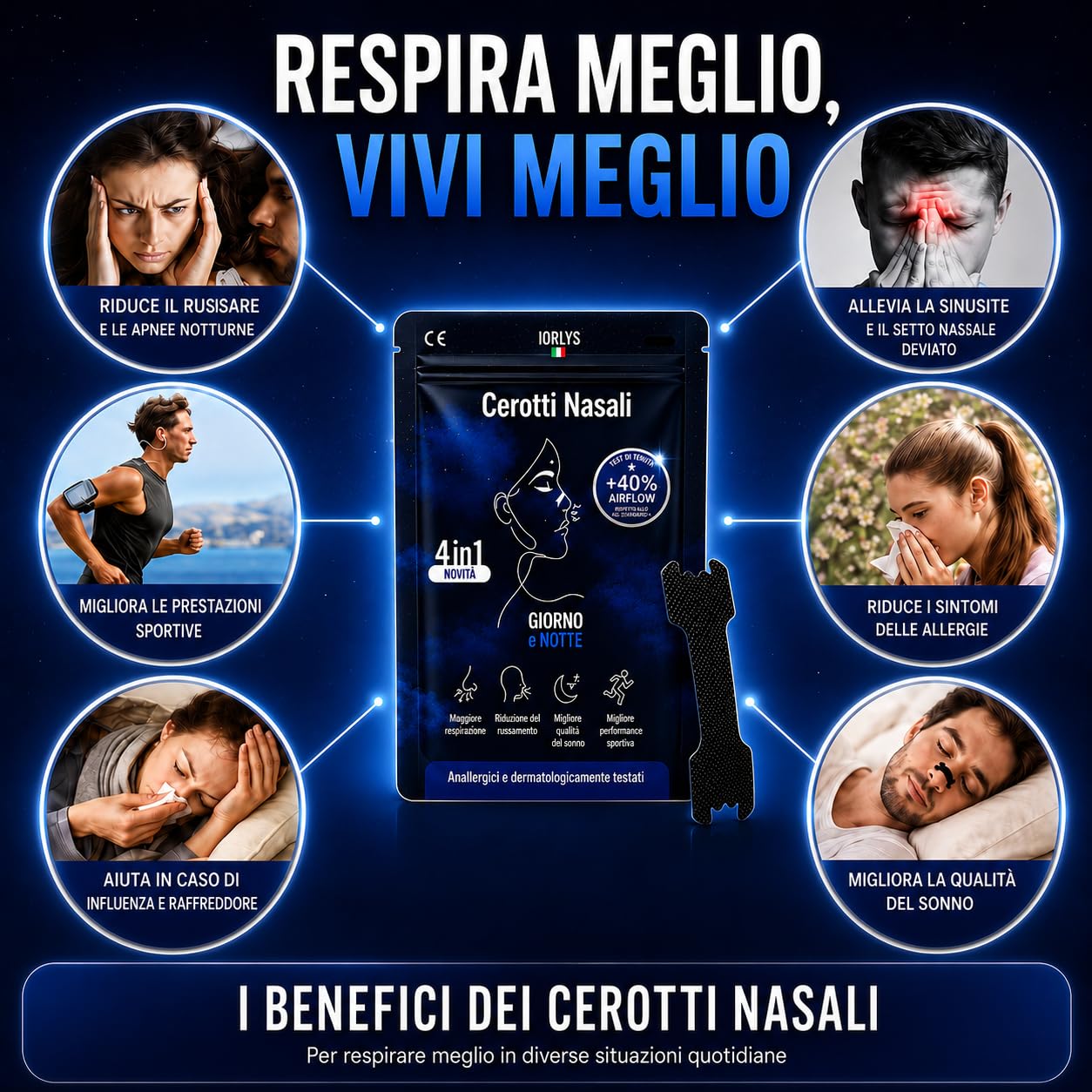 60pz Cerotti Nasali Antirussamento per Sport, Respira Bene, Dormire Meglio, Tenuta Forte, Asticelle Rinforzate, Antisudore, Giorno e Notte, per Uomo, Donna, Bambino, Dilatatore Nasale