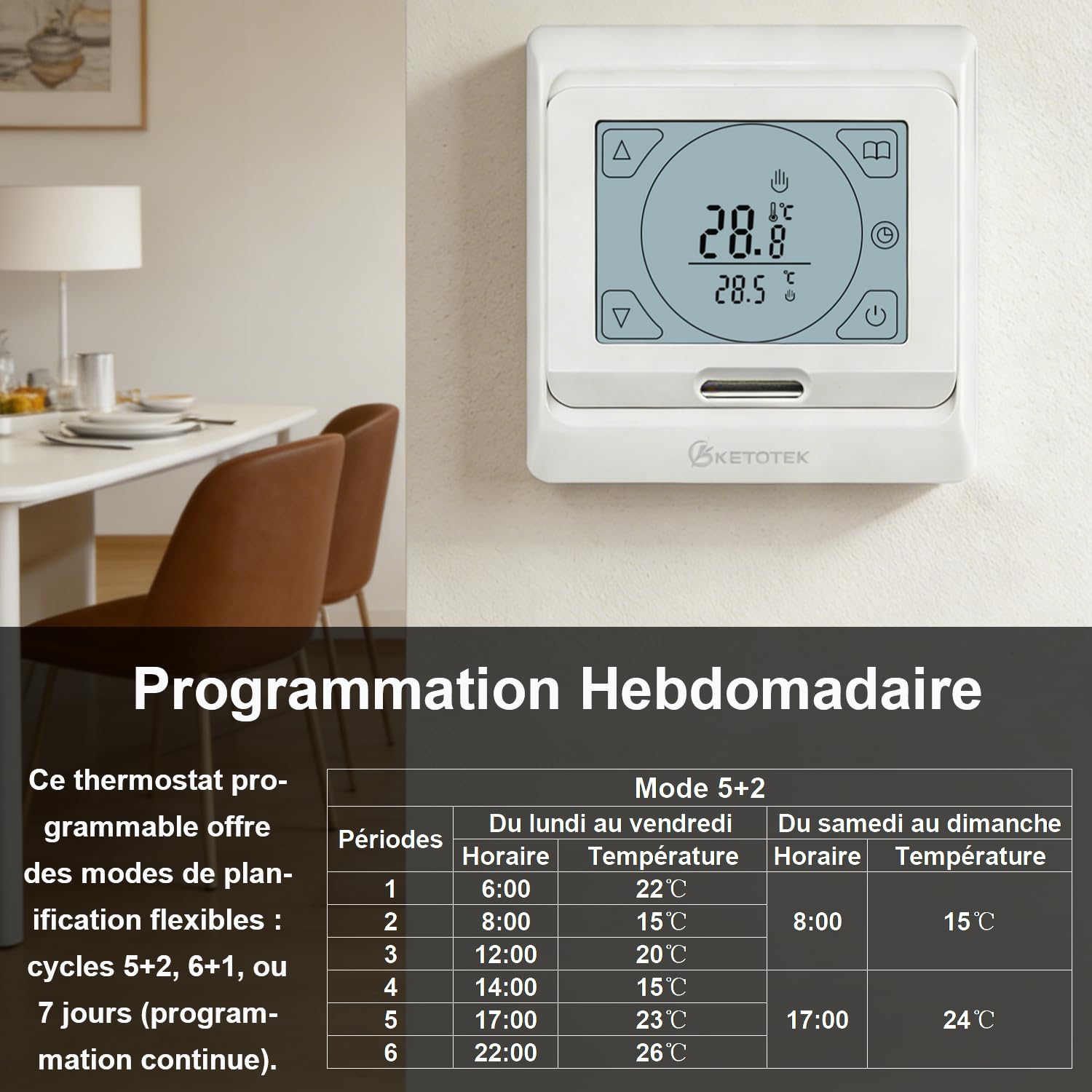 KETOTEK Thermostat Chauffage au Sol Electrique Programmable 16A avec Sonde, Numérique Thermostat d'ambiance Plancher Chauffant Régulateur Écran Tactile LCD