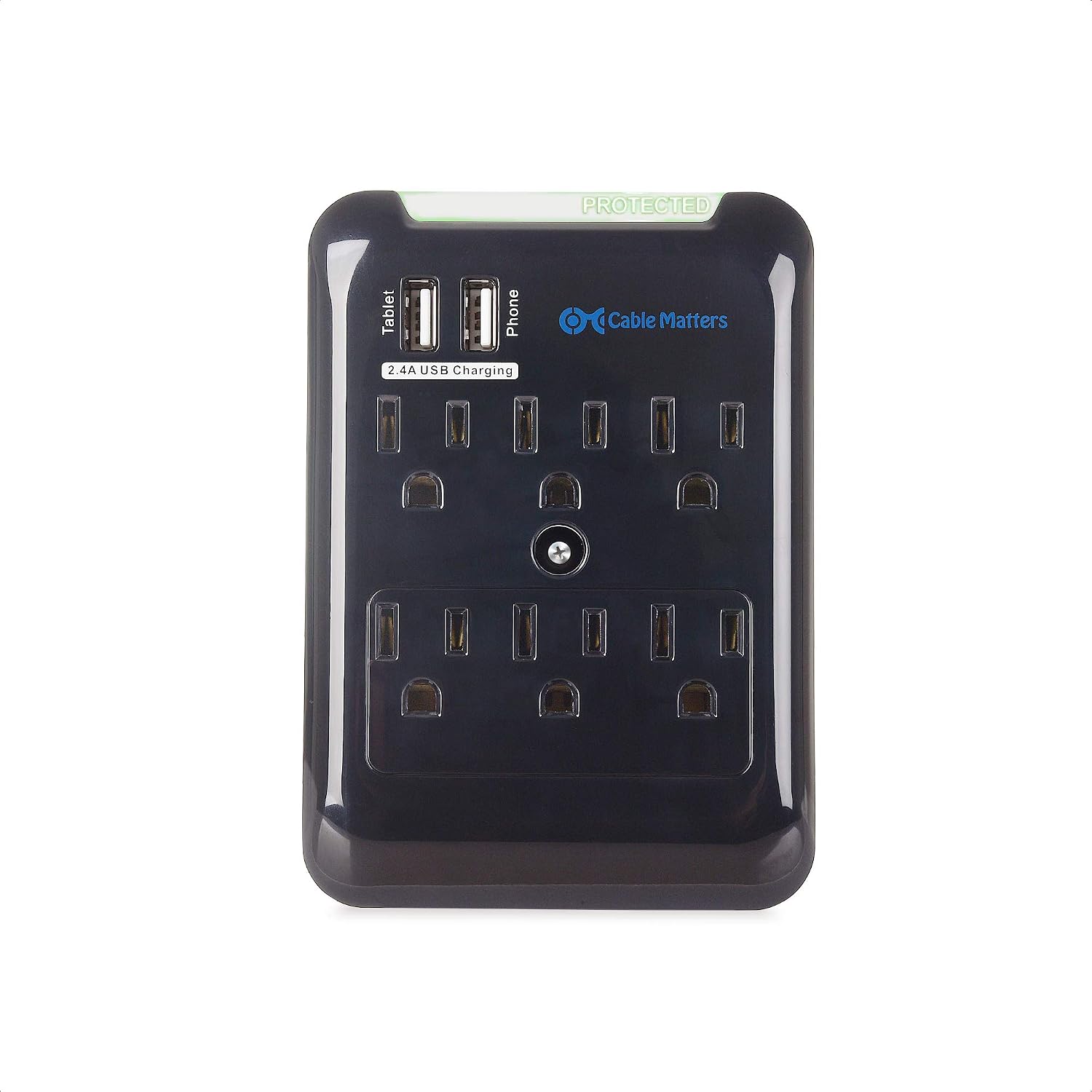 Cable Matters 6 Outlet Wall Mount Surge Protector with USB Charging in Black (Updated Version with Dimmed LED Light)