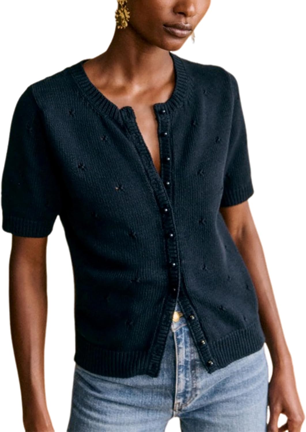 Bianstore Women's Casual Short Sleeve Crewneck Button Down Cardigan Sweater Crochet Knit Top