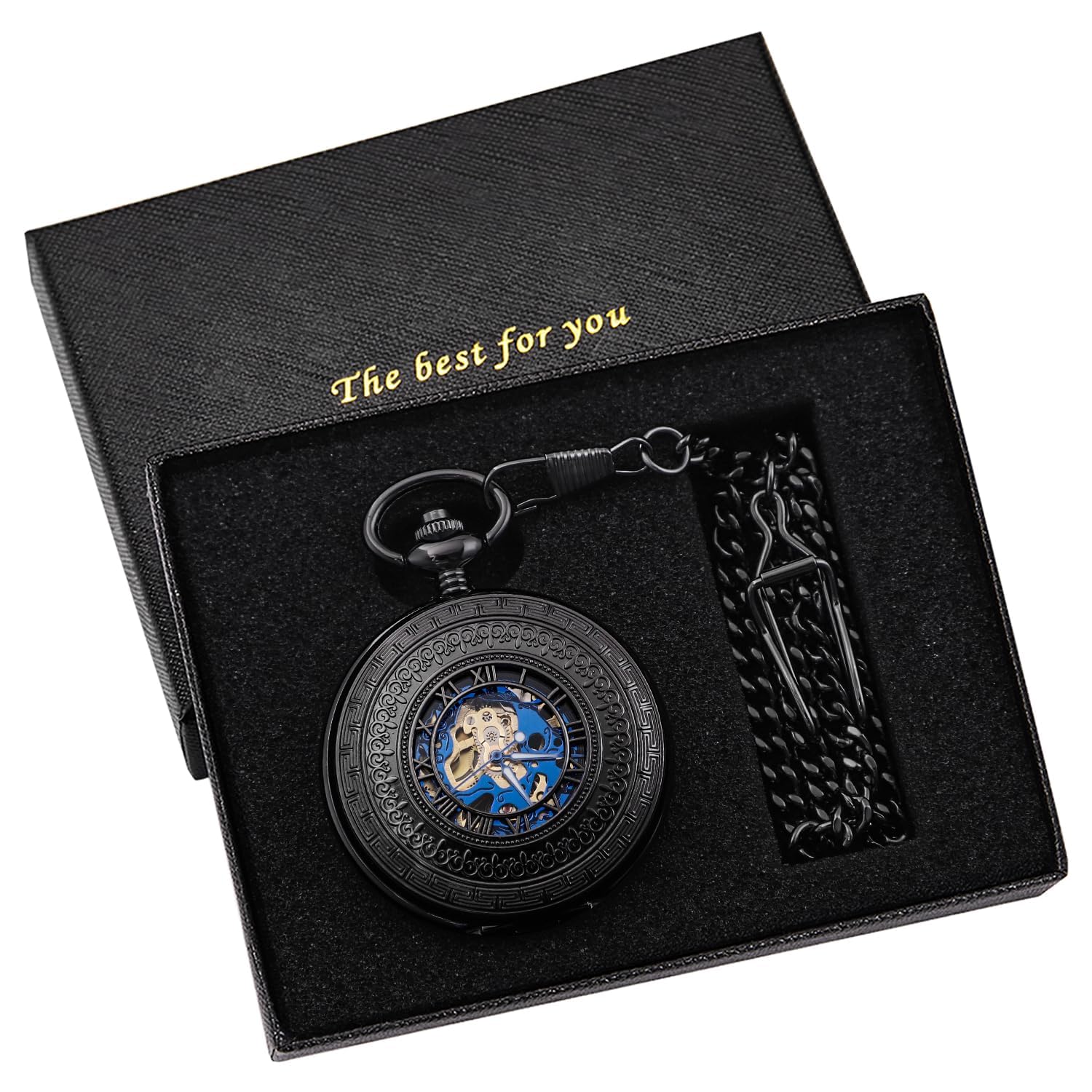 Tiong Elegante design con numeri romani neri anticati, con quadrante nero con numeri blu, adatto per orologi da tasca meccanici da uomo
