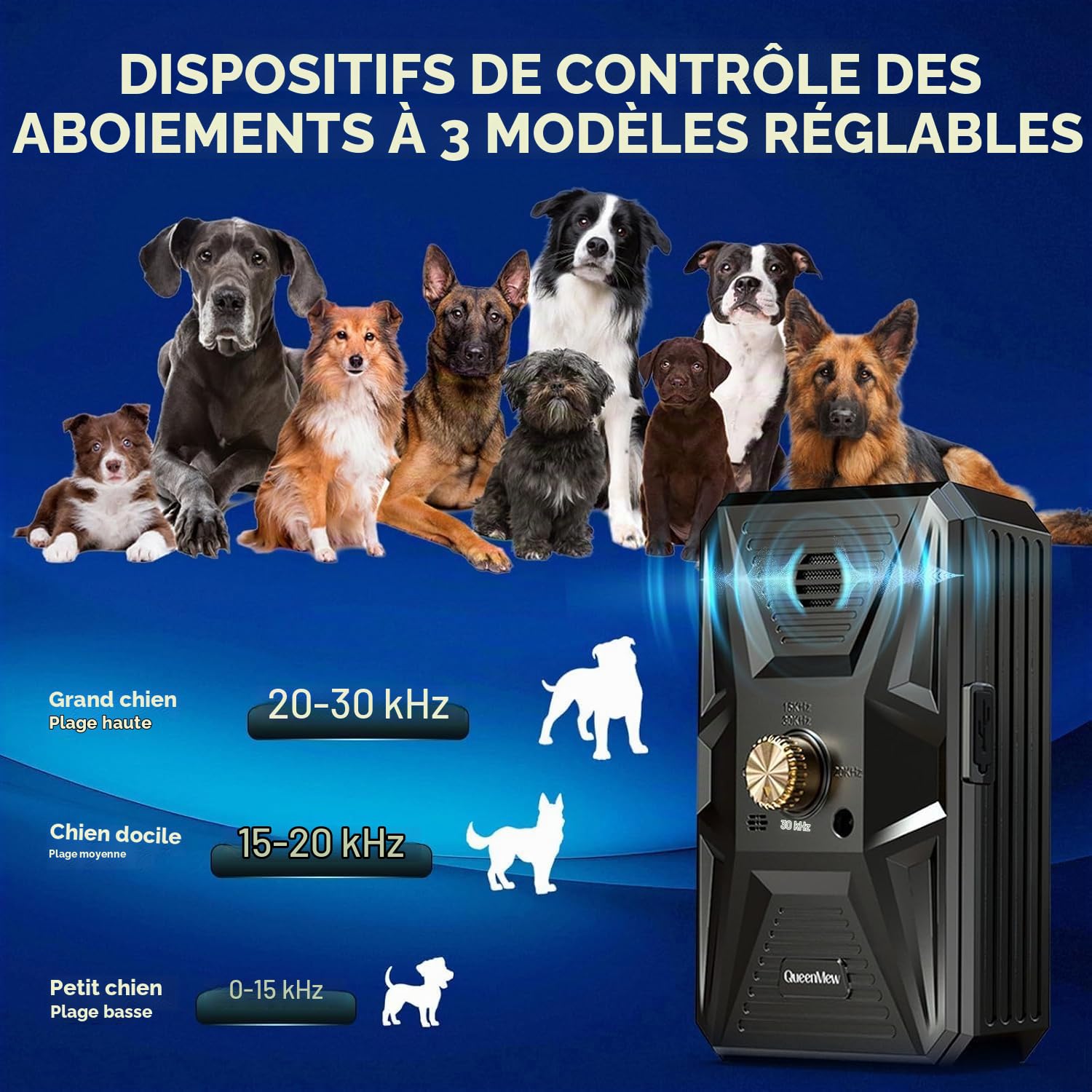 Anti Aboiement Chien, Dispositif Anti Aboiement Chien Ultrasons à 3 Modes, Boitier Anti Aboiement Chien de 33 Pieds, l'entraînement des Grands et Petits Chiens en Extérieur et Intérieur
