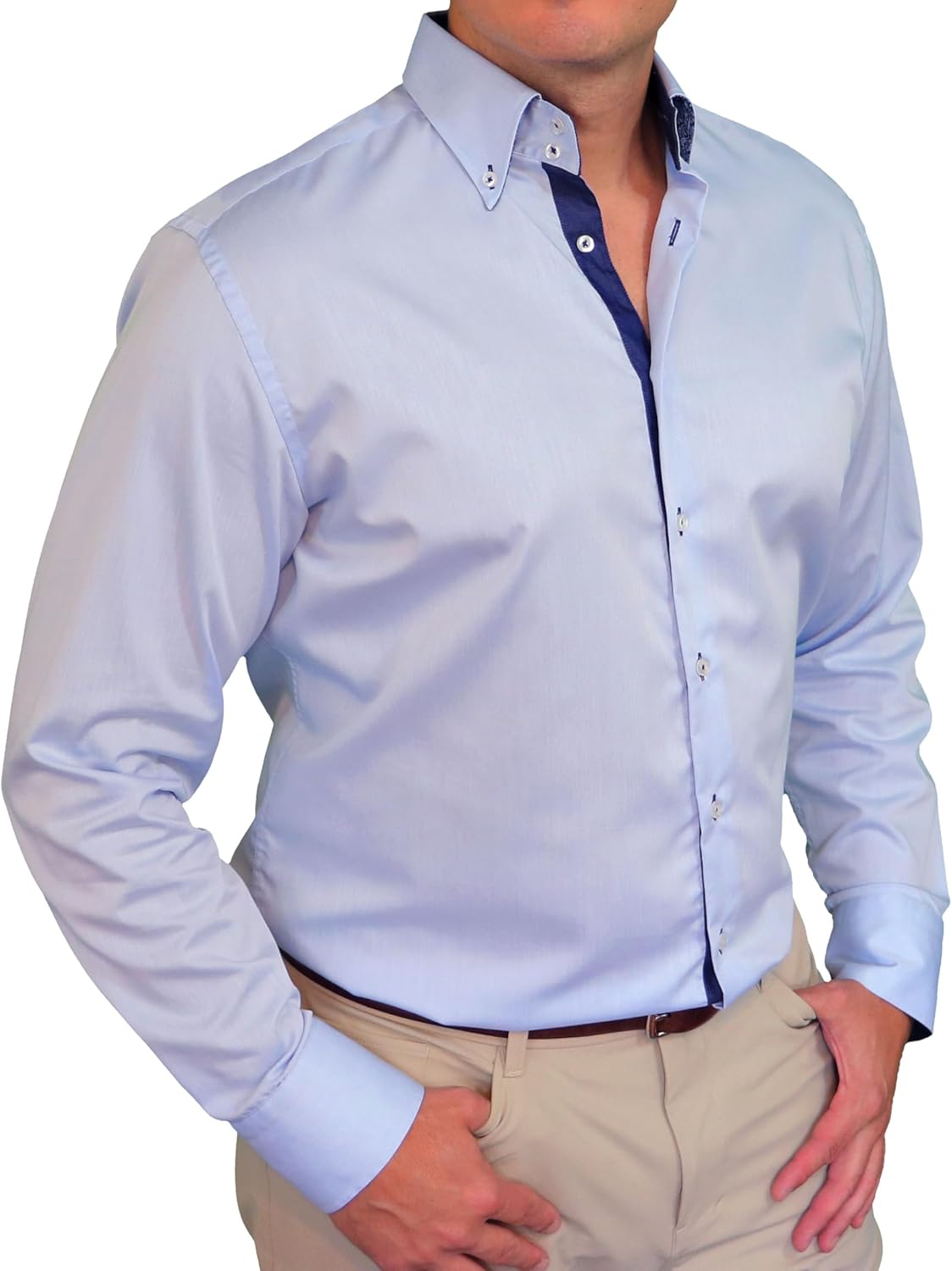Men's Dress Shirt Blue Firm Collar Wrinkle-Free Premium European Design with Navy Contrast Business Casual Shirts Easy Care
