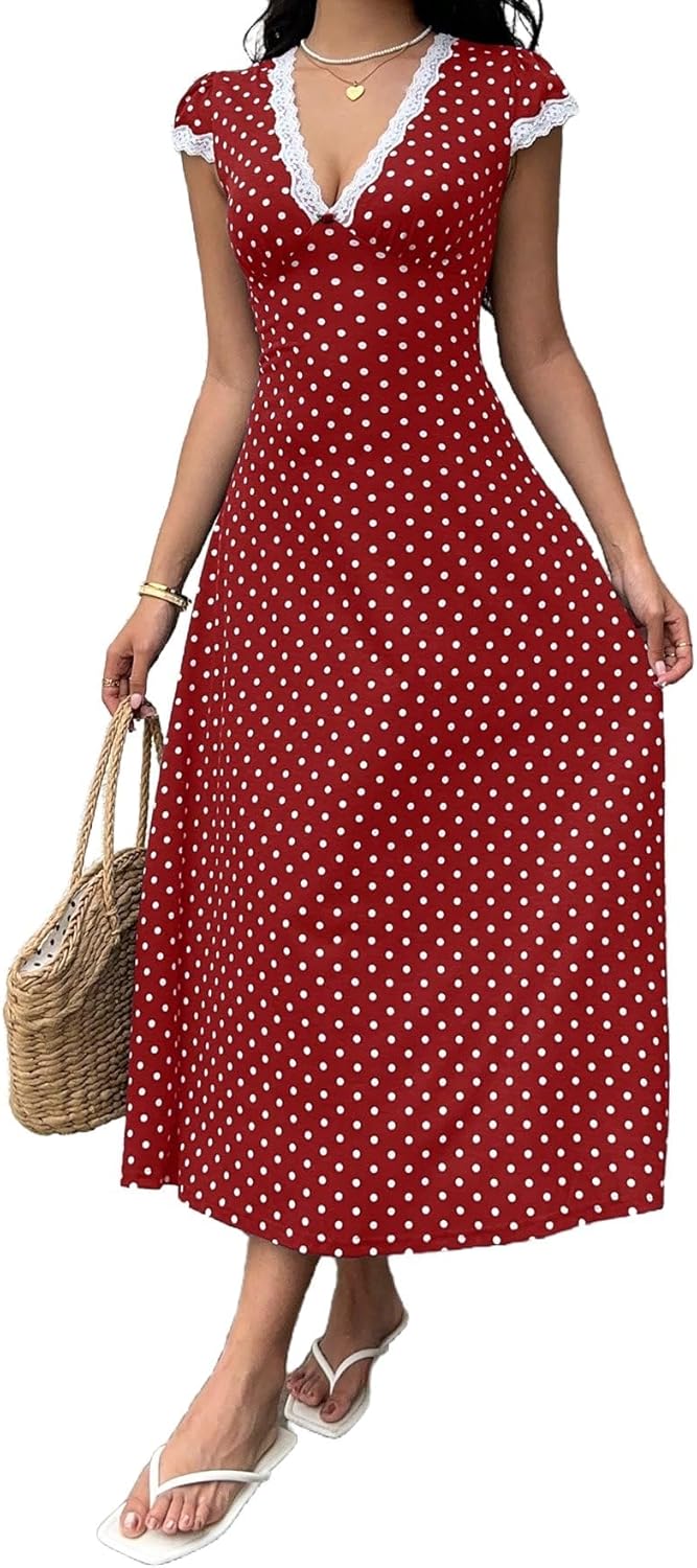 Milumia Women's Polka Dots Lace Trim Deep V Neck Dress Short Sleeve Flared Long Dresses