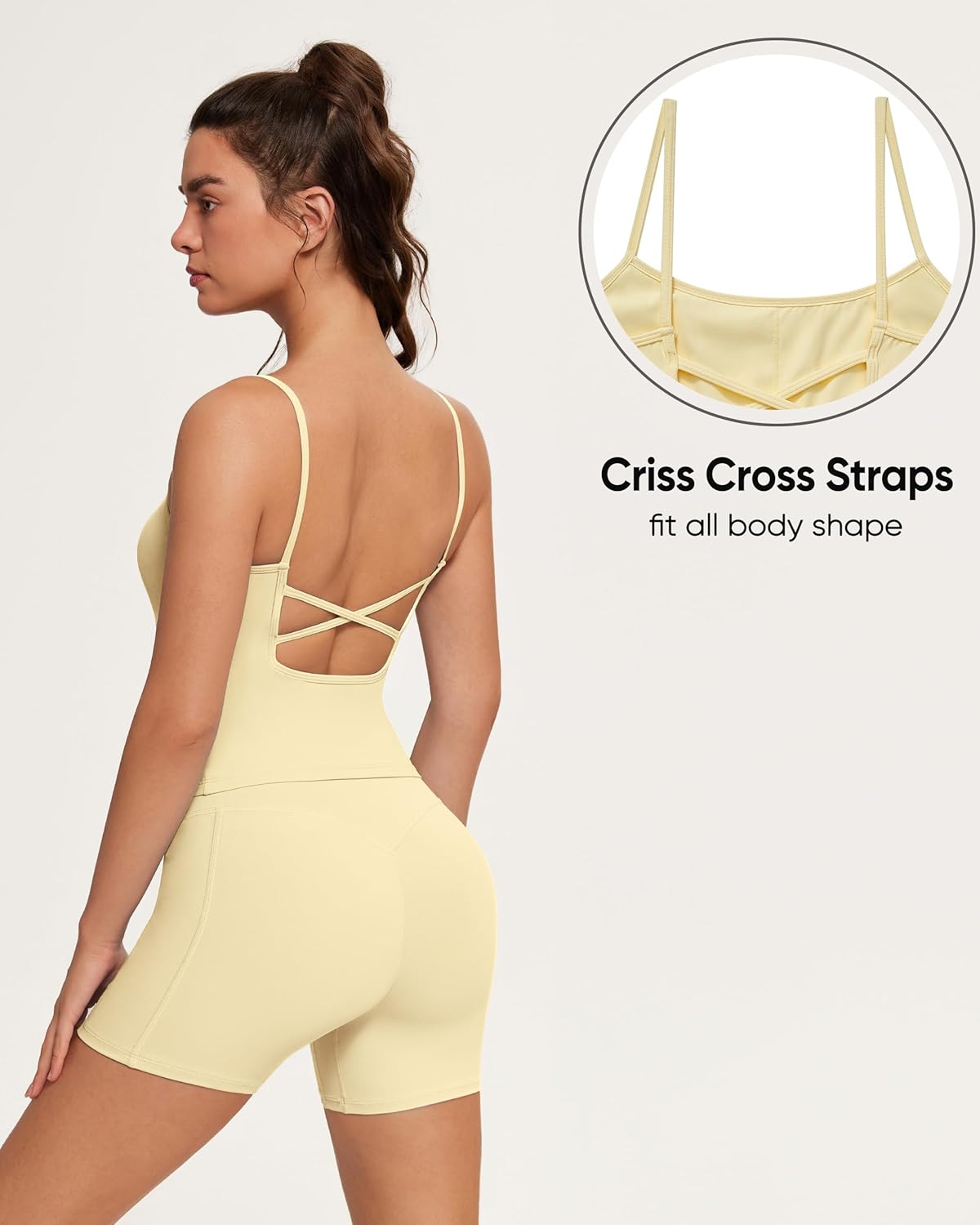 OMKAGI Workout Sets for Women Open Back Strappy Workout Tank Gym Shorts Outfits with Pockets - Image 2