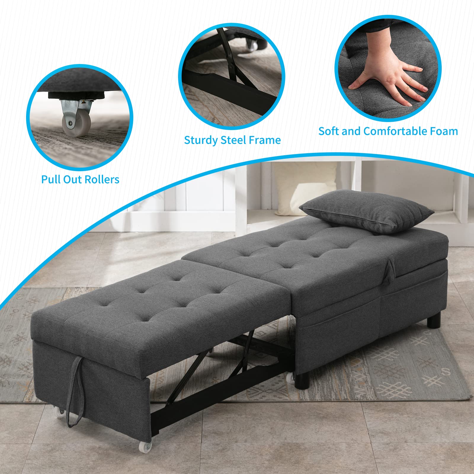 Mjkone 4in1 Sleeper Chair with Adjustable Backrest,Storage Space and