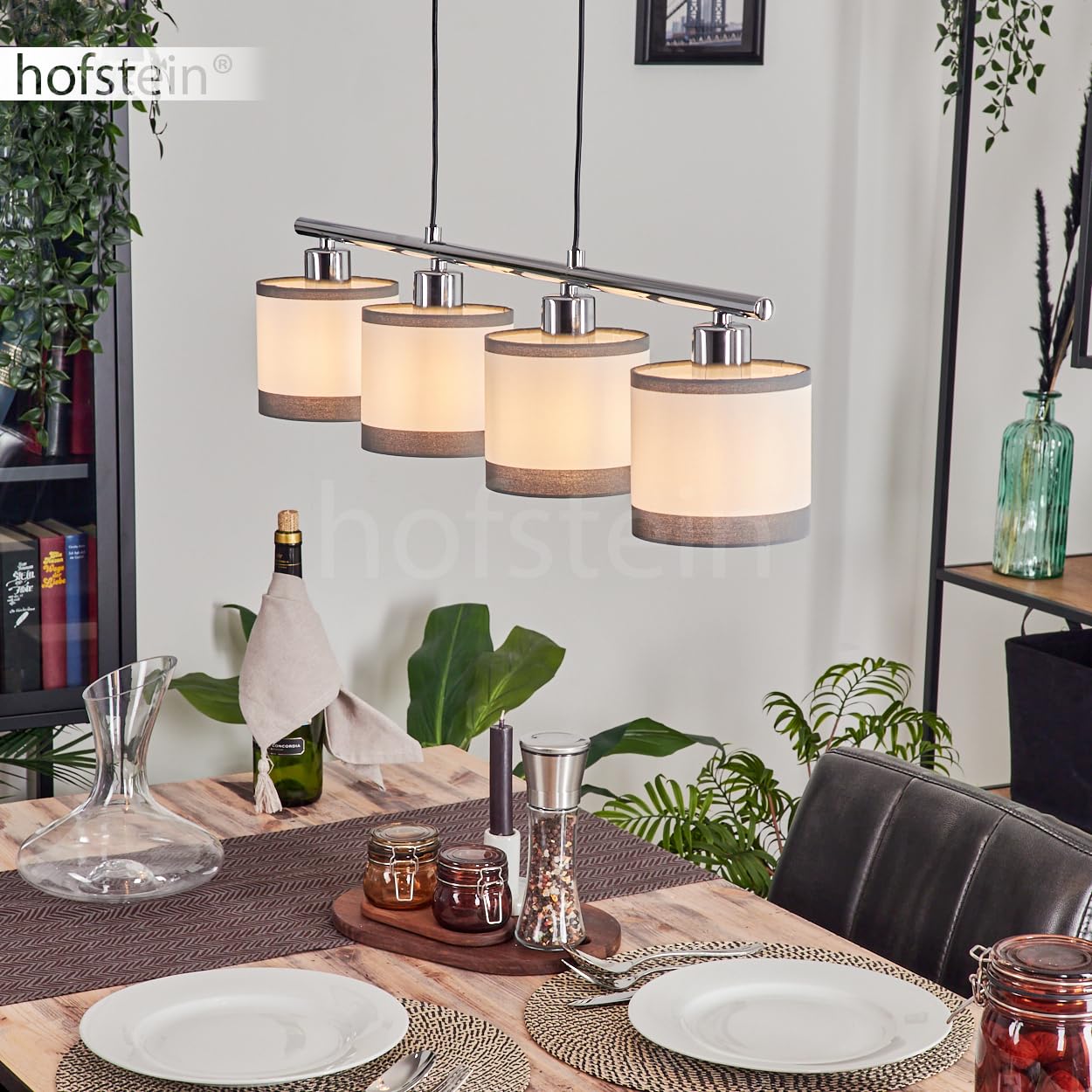 Lámpara colgante Lohobe, de metal/tejido en cromo/blanco/gris, lámpara colgante de diseño moderno con pantallas de tejido (Ø 12 cm), altura máx. 150 cm, longitud 73 cm, 4 x E14, sin bombillas,