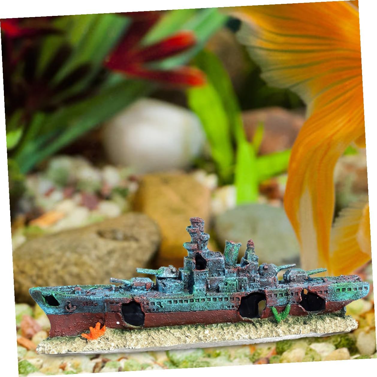 Outanaya Aquarium Shipwreck Decoration Fish Tank Cave Ornament Resin Sunken Warship Underwater Hideout for Betta and Tropical Fish Tank Accessories