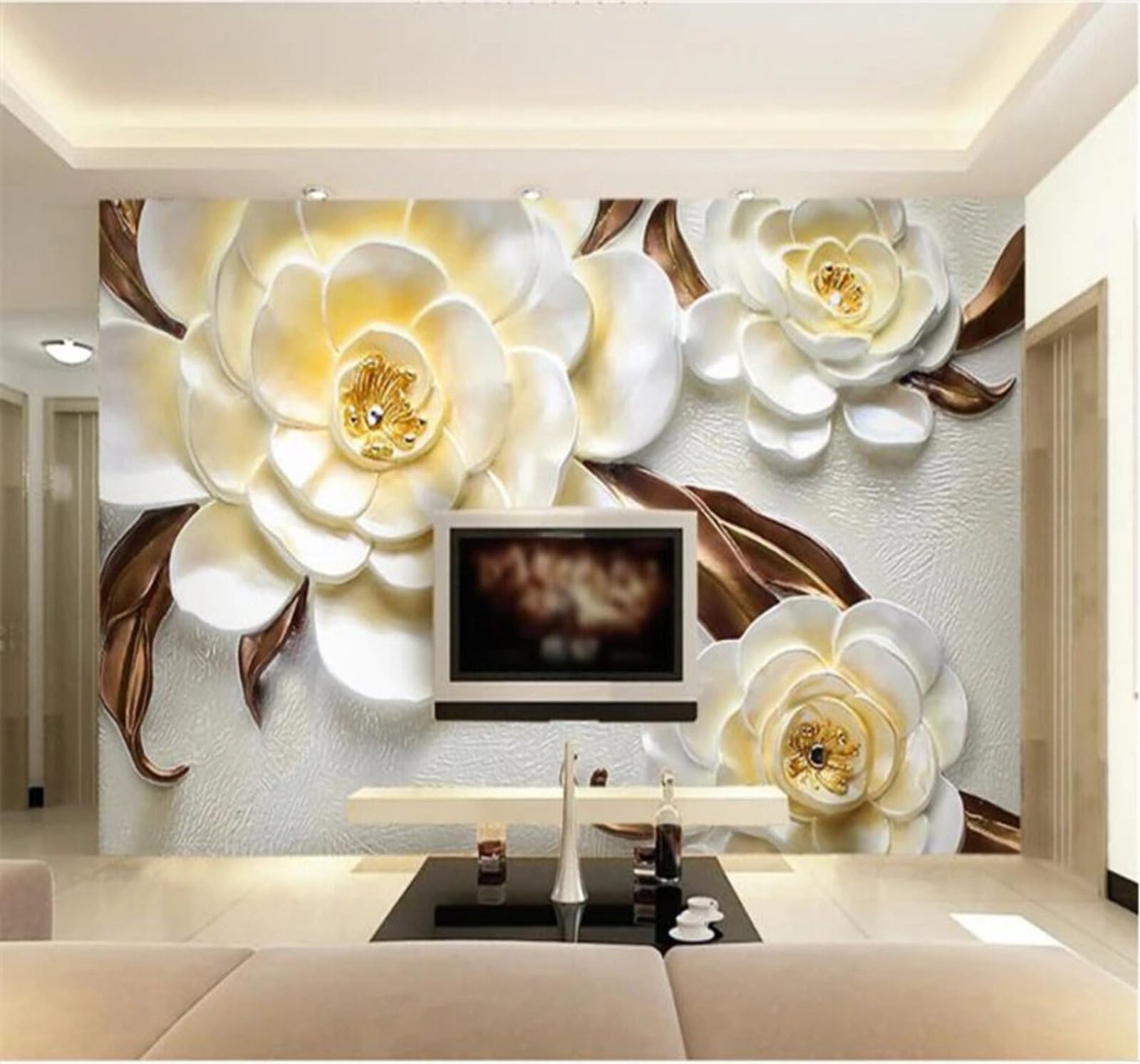 Wallpaper-3D-Xlm 200Cm×140Cm(B×H) Three Dimensional Relief Carved Camellia Art 3D Wallpaper Easy Install Feature Office Living Room Sofa Bedroom Tv Background Wall Decoration-200Cm×140Cm
