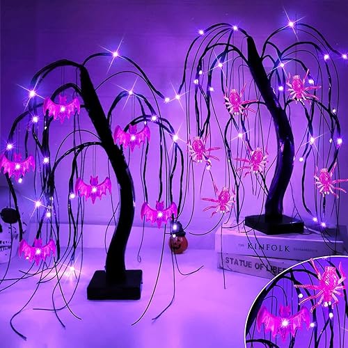 Temporizador paquete de 2 decoraciones de árbol de sauce de mesa de Halloween con temporizador de 18 pulgadas en total 48 luces LED moradas para