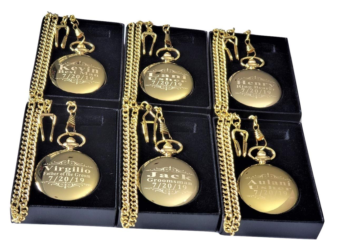 6 Custom Personalized Pocket Watches - Gold Wedding Gift Set - Groomsmen Personalized Watches with Chain and Box Included - Engraving Included (Black)