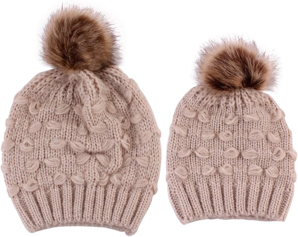 2PCS Parent-Child Hat, Mother Child Daughter Son Baby Winter Warm Soft Knit Hat Family Crochet Beanie Ski Cap with Pom Pom Khaki