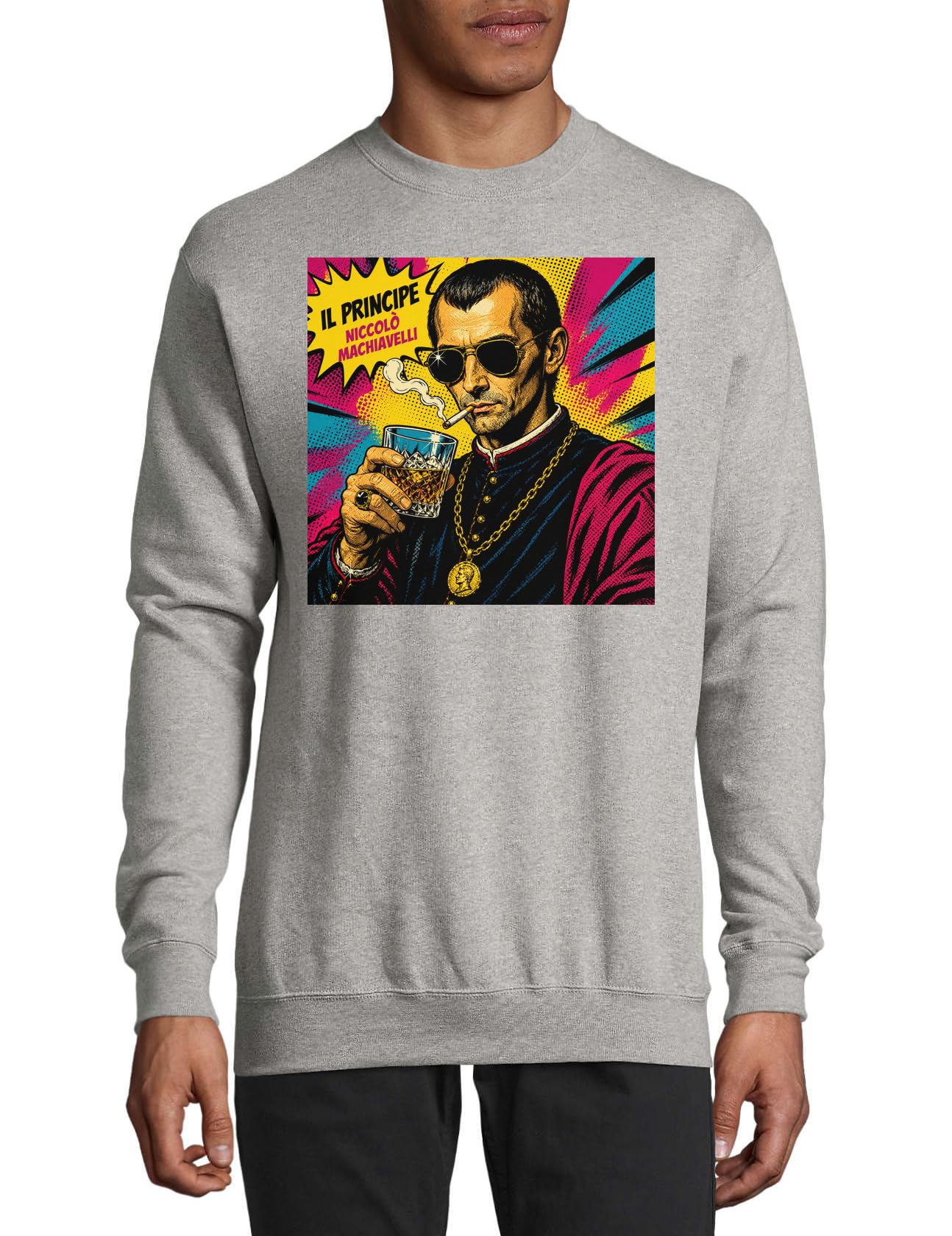 Nowoczesna ilustracja w stylu Machiavelli Bawełniany sweter Bluza Sweter Sweter Szary XL