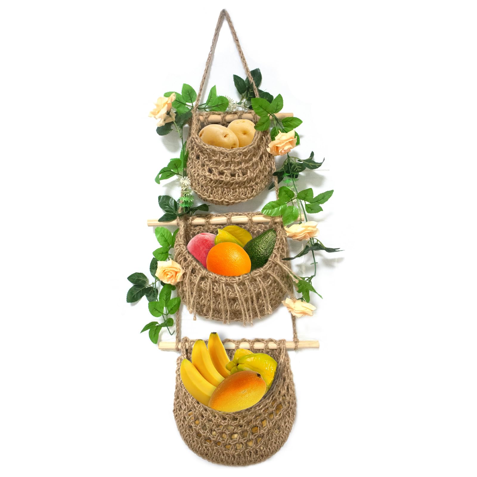 Hanging Fruit Basket for Kitchen 3 Tier Handmade Jute Hanging Fruit Basket for Fruit Storage Vegetable Storage Onion Storage Bohemian Wall Hanging Decor for Kitchen Living Room Bathroom Bedroom
