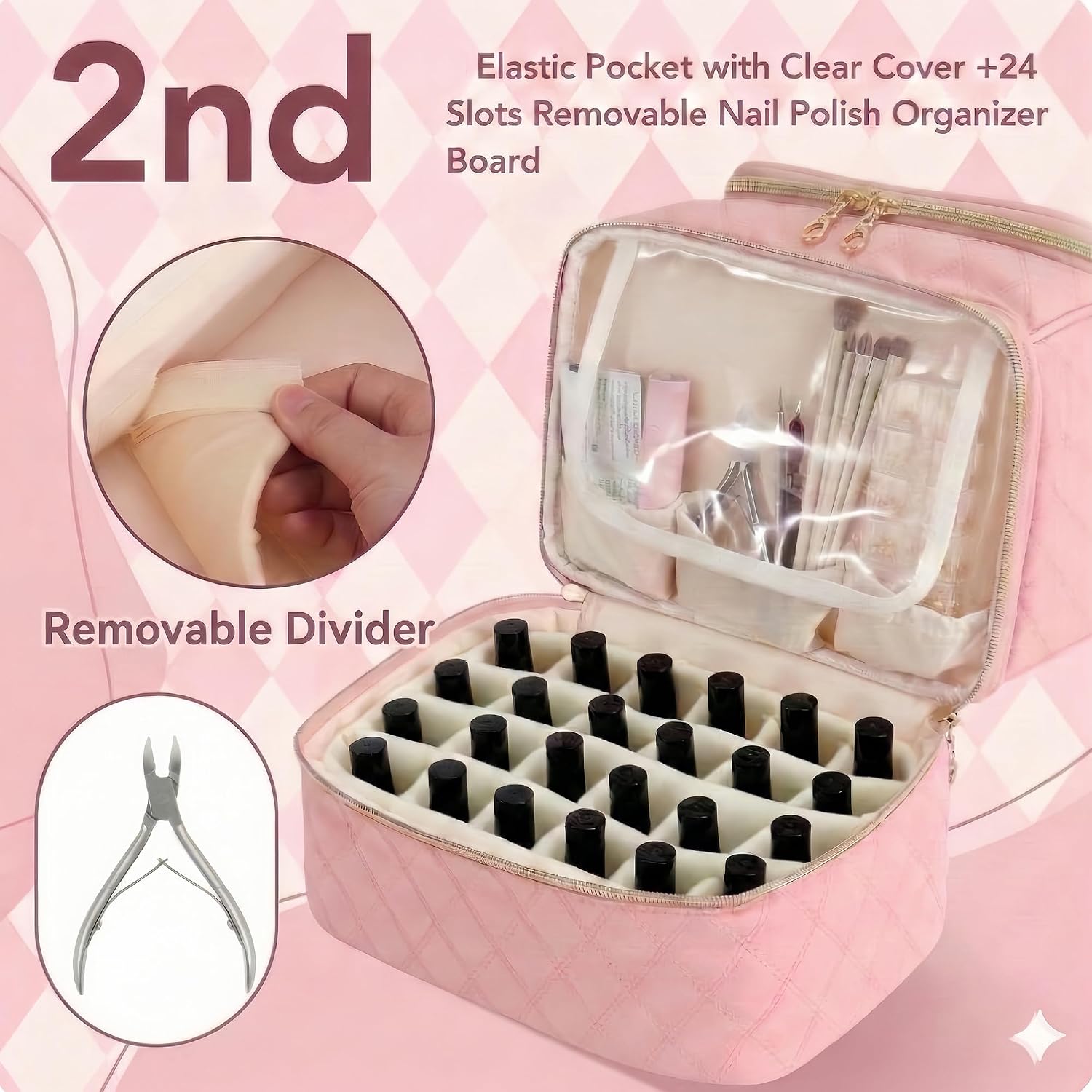 BAGCRAZY Nail Polish Organizer Case, Double Layer Nail Supplies Storage Bag holds 24 Bottles & UV/LED Lamp, Quilted Portable Manicure Travel Case with 8 Pcs Tools, for Nail Tech, Home & Salon, Pink